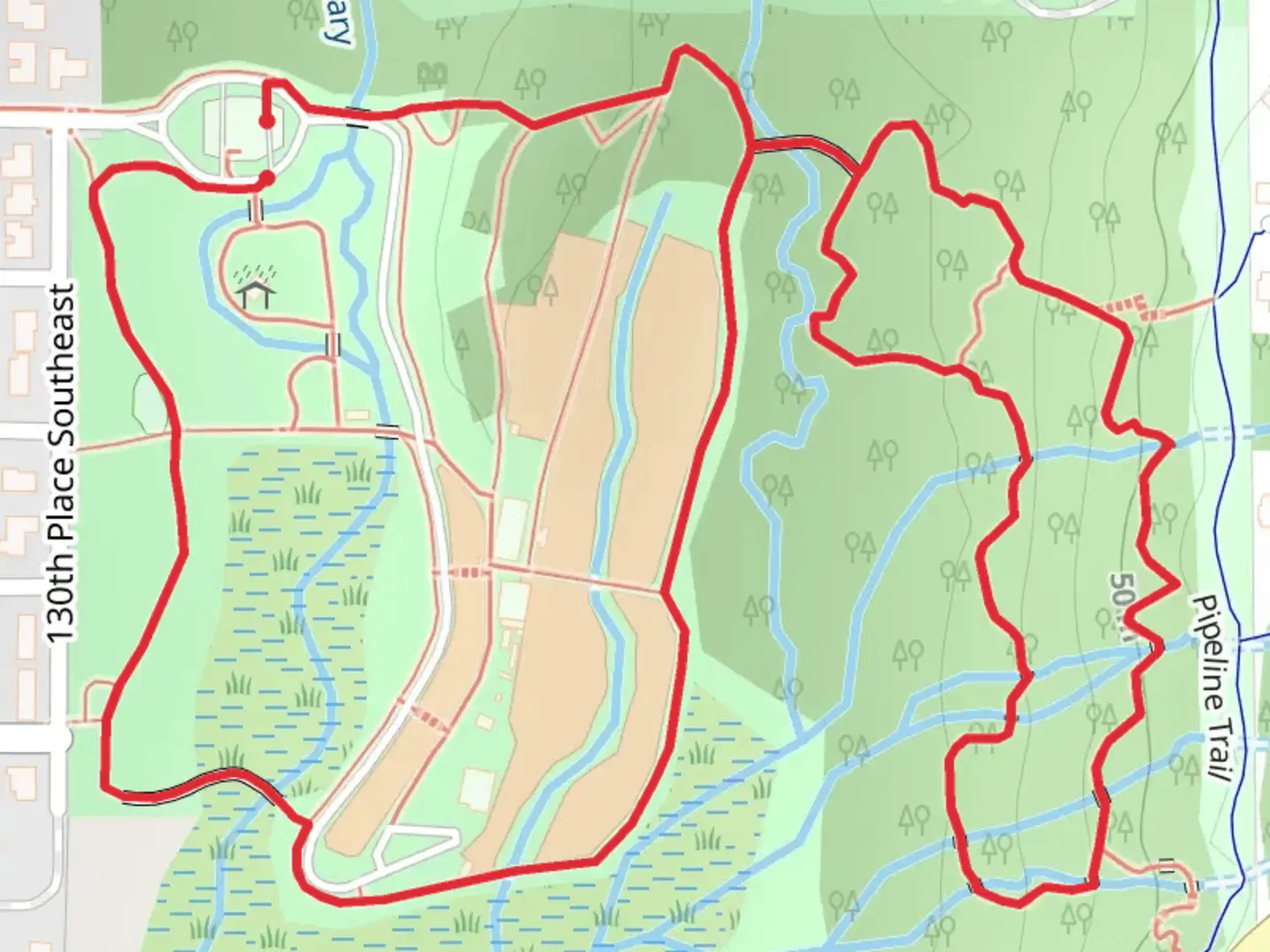 An image depicting the trail Kelsey Creek Park Loop and its surrounding area.