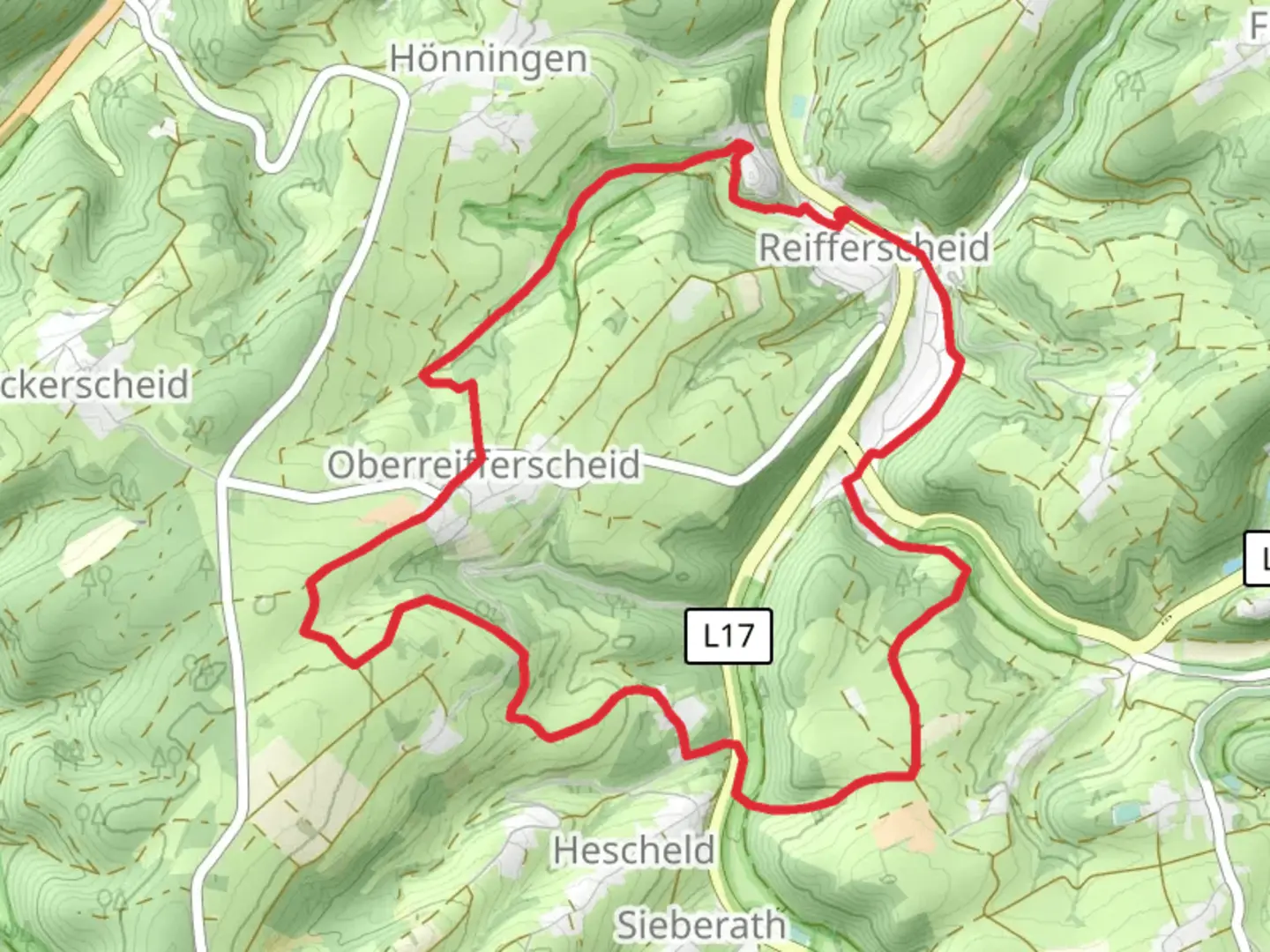 An image depicting the trail Reinzelbach, Elcher Bach and Hahnensiefen and its surrounding area.