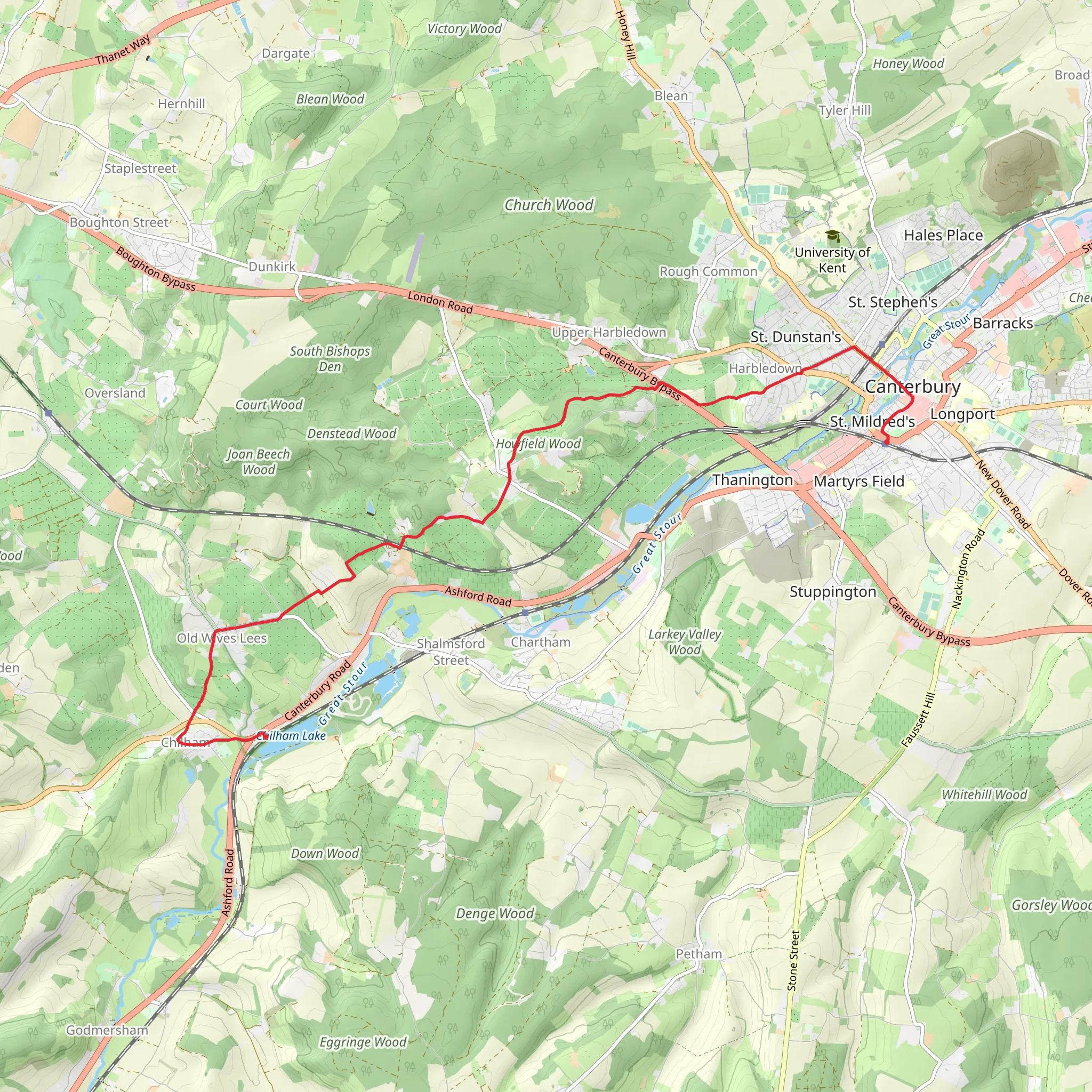 Chilham to Canterbury East Walk mobile static map