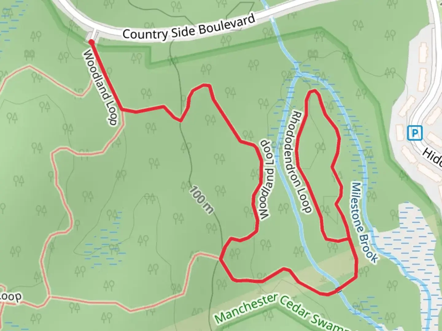 An image depicting the trail Woodland Loop and Khododendron Loop and its surrounding area.
