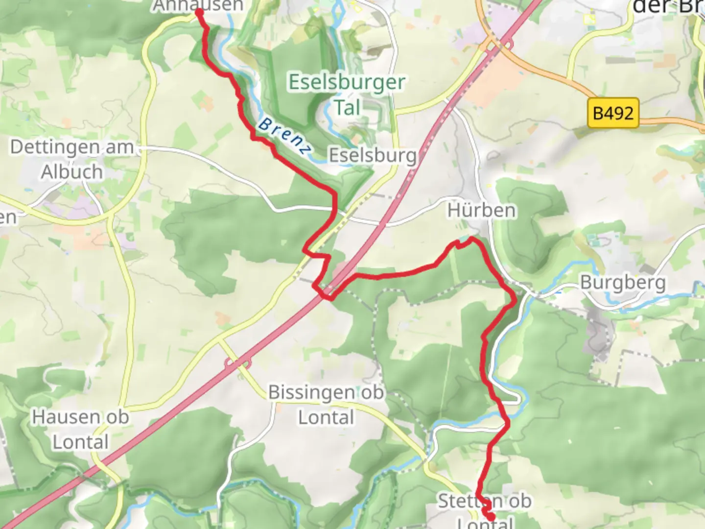An image depicting the trail Stetten ob Lontal to Anhausen via Albschaeferweg and its surrounding area.
