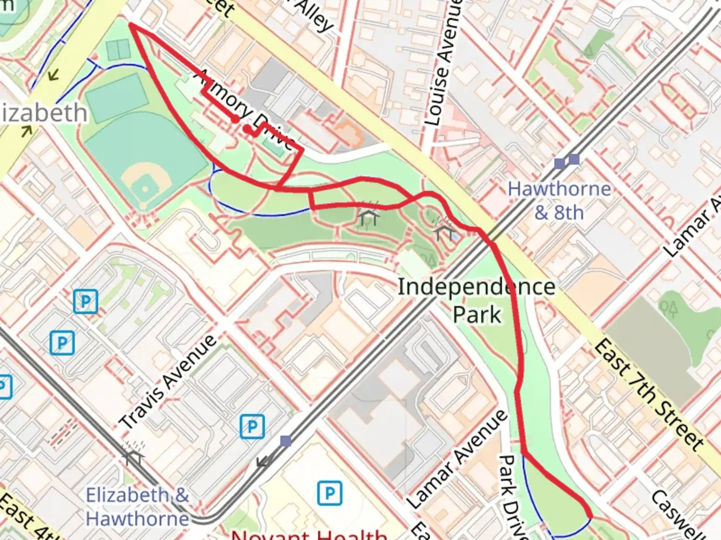 An image depicting the trail Independence Park Loop and its surrounding area.