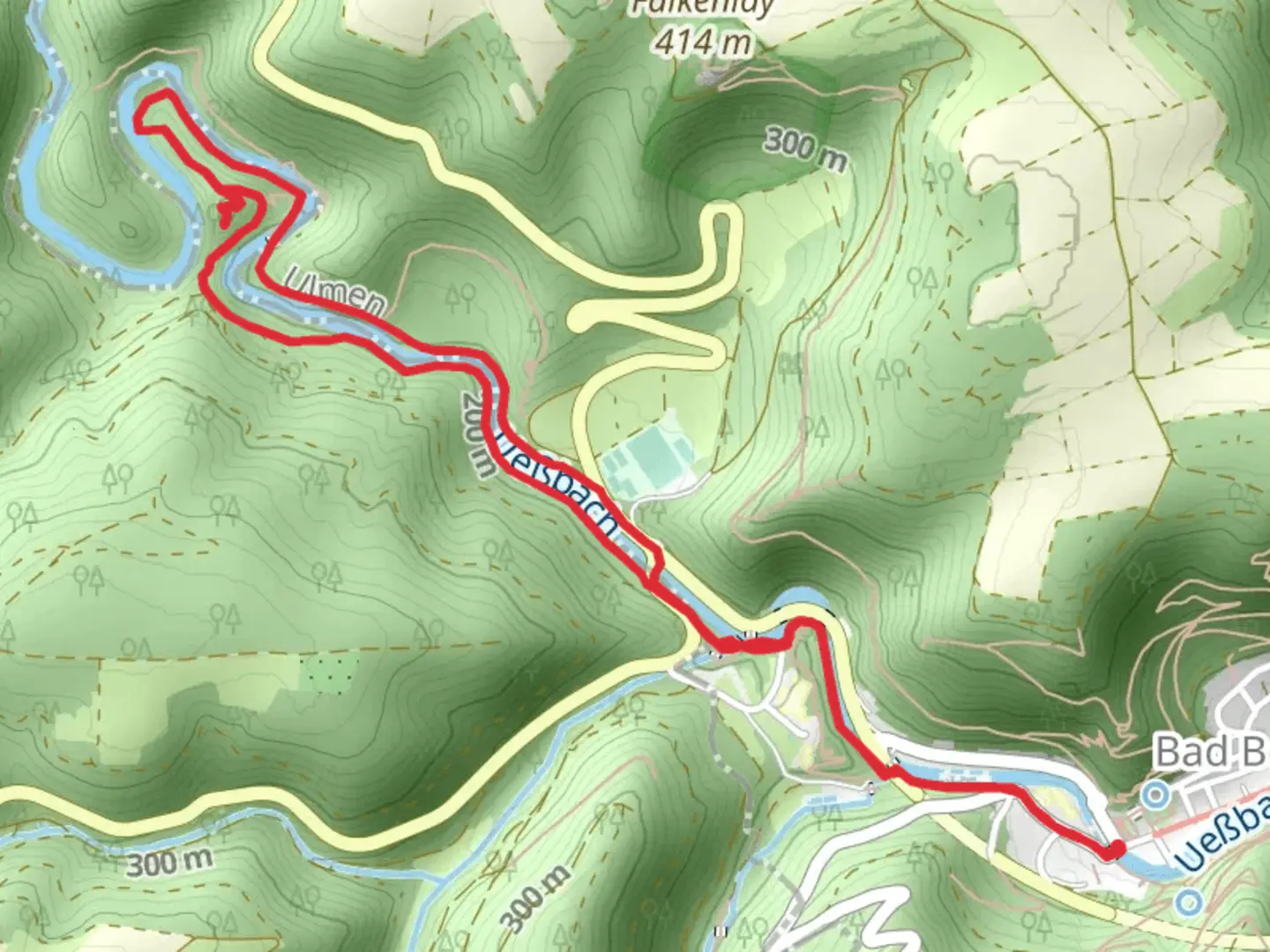 An image depicting the trail Ueßbach and Steffenswarte via Eifel Camino and its surrounding area.