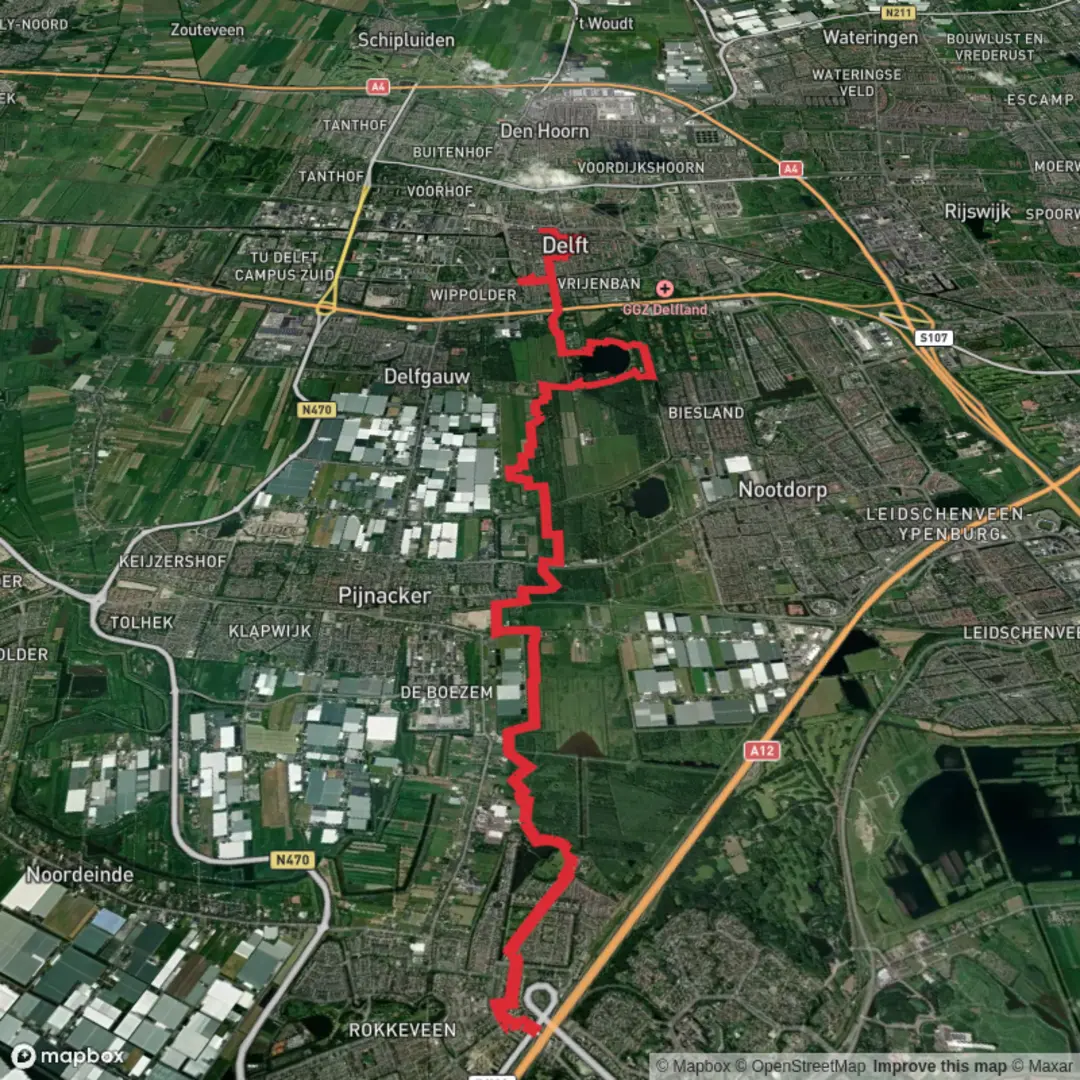 An image depicting the trail Zoetermeer to Delft via De Balij and De Grote Plas and its surrounding area.