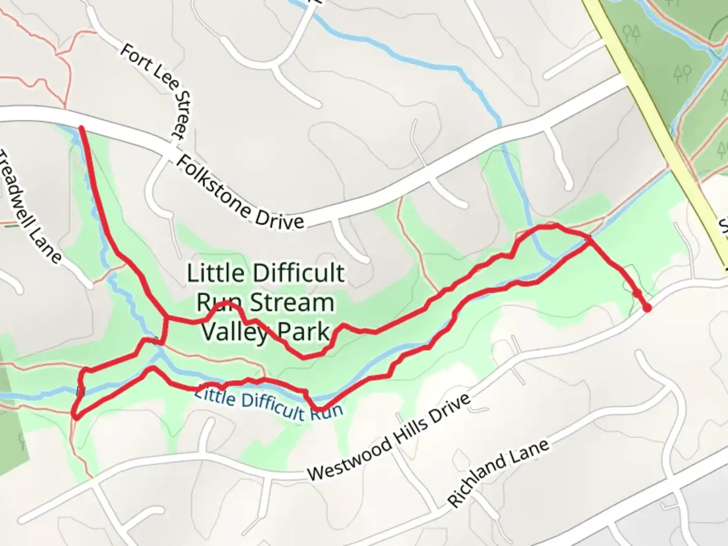 An image depicting the trail J Dicket Trail and Little Difficult Run Loop and its surrounding area.