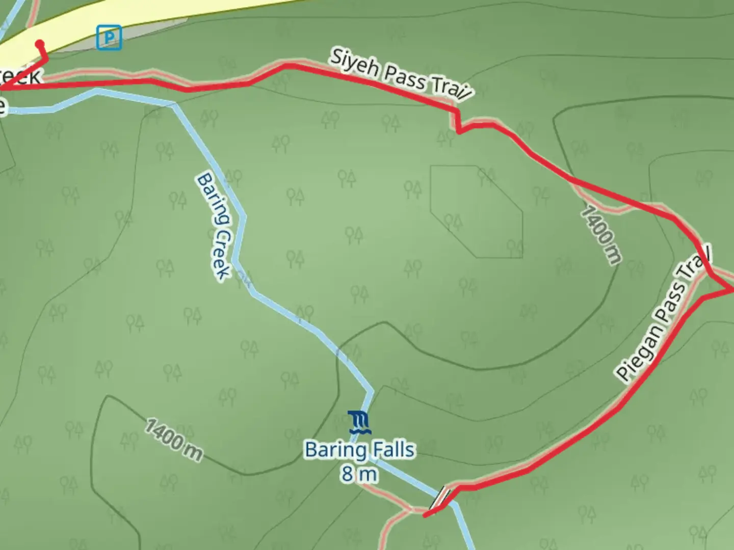 An image depicting the trail Baring Falls via Siyeh and Piegan Pass and its surrounding area.