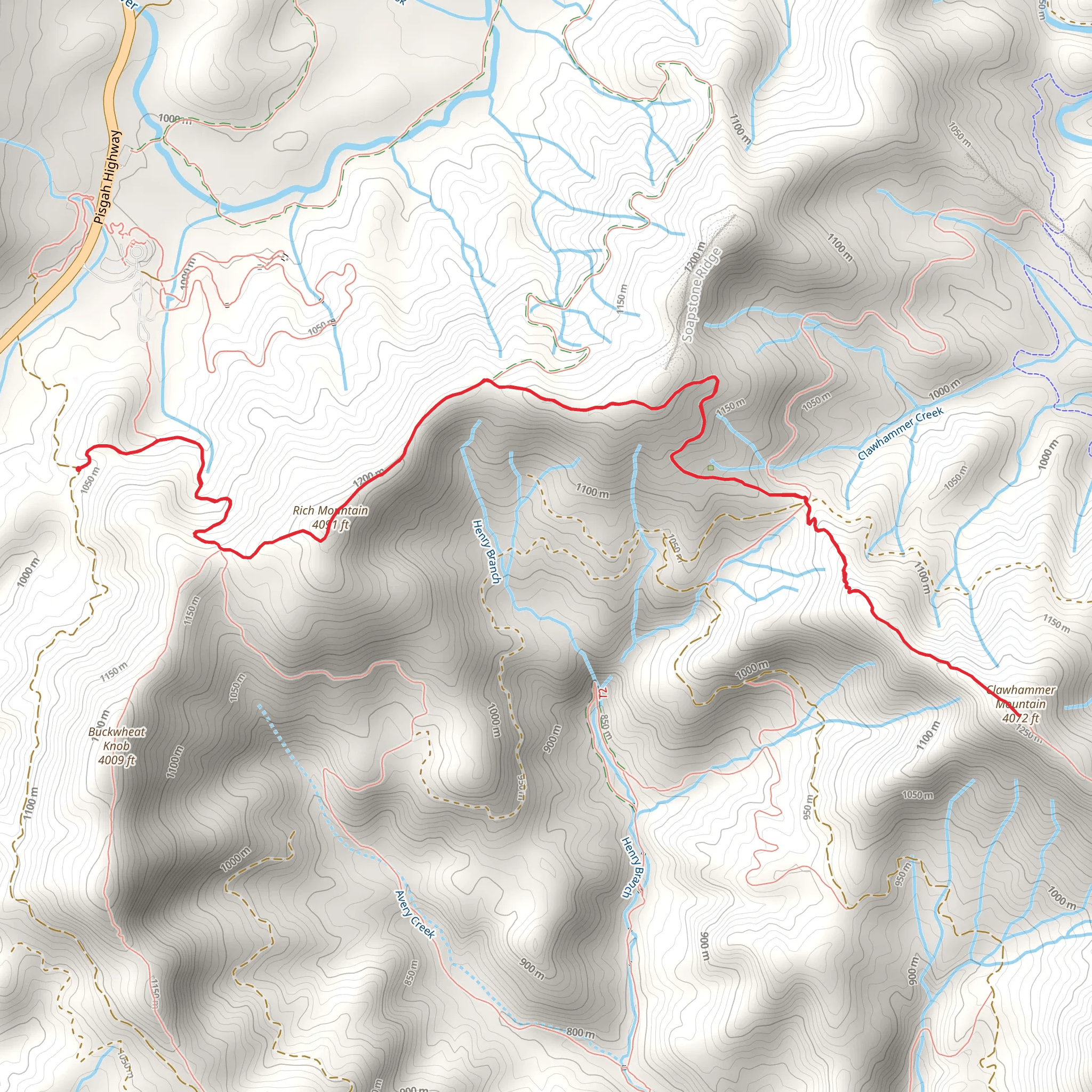 Clawhammer Mountain and Rich Mountain via Club Gap mobile static map