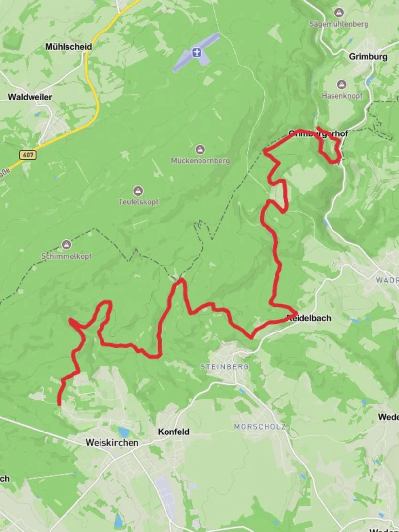 An image depicting the trail Weiskirchen to Ruine Grimburg Walk and its surrounding area.
