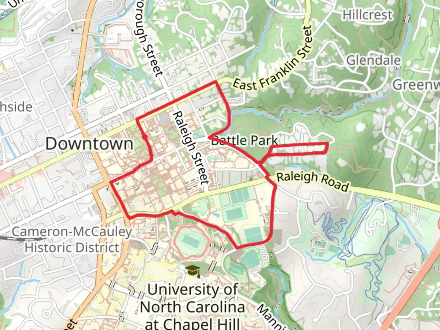 An image depicting the trail McCorkle Place and Parker Community Park Loop and its surrounding area.