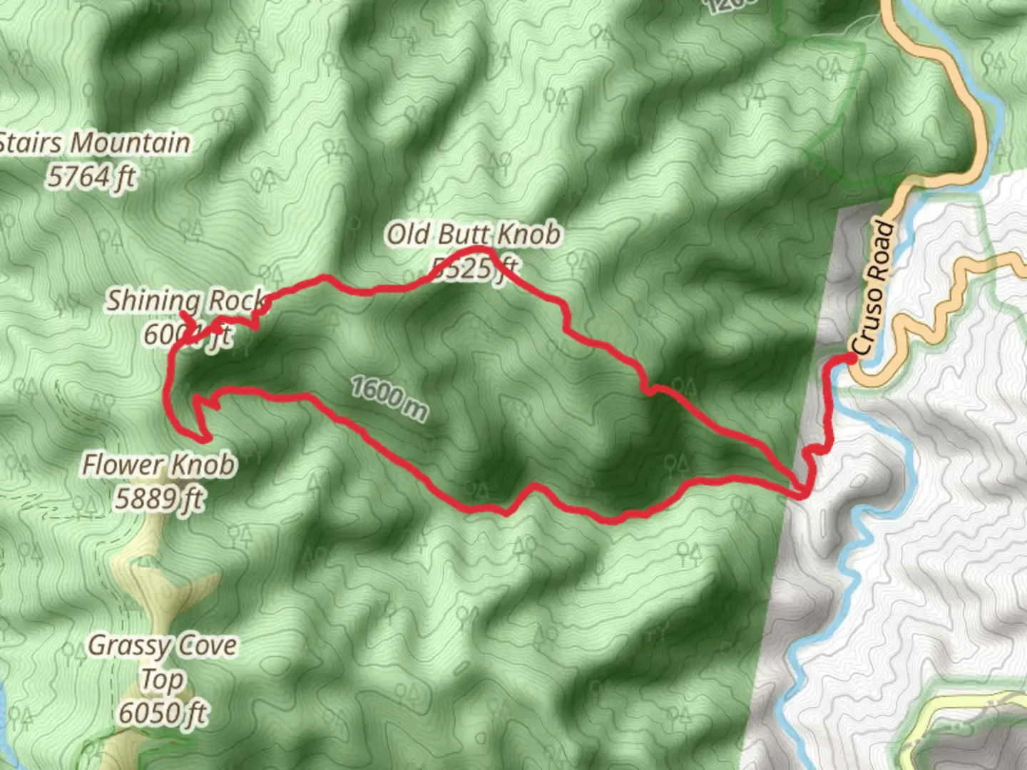 An image depicting the trail Old Butt Knob, Dog Loser Knob, Shining Rock and Shining Creek Path Loop and its surrounding area.