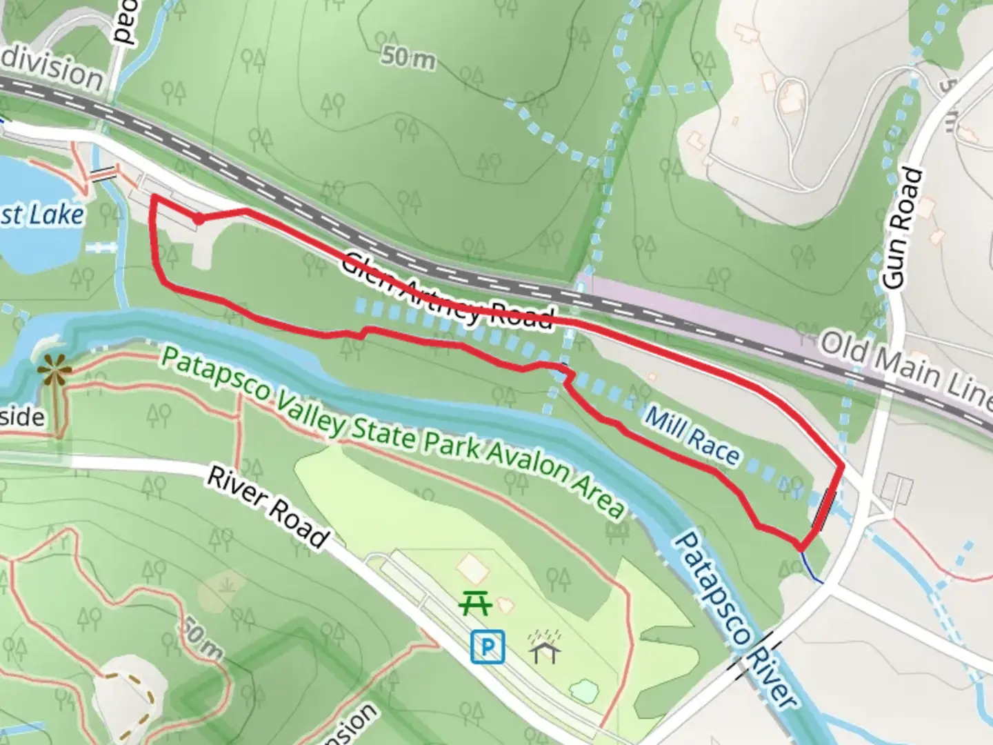 An image depicting the trail Avalon Mill Race Loop Trail and its surrounding area.
