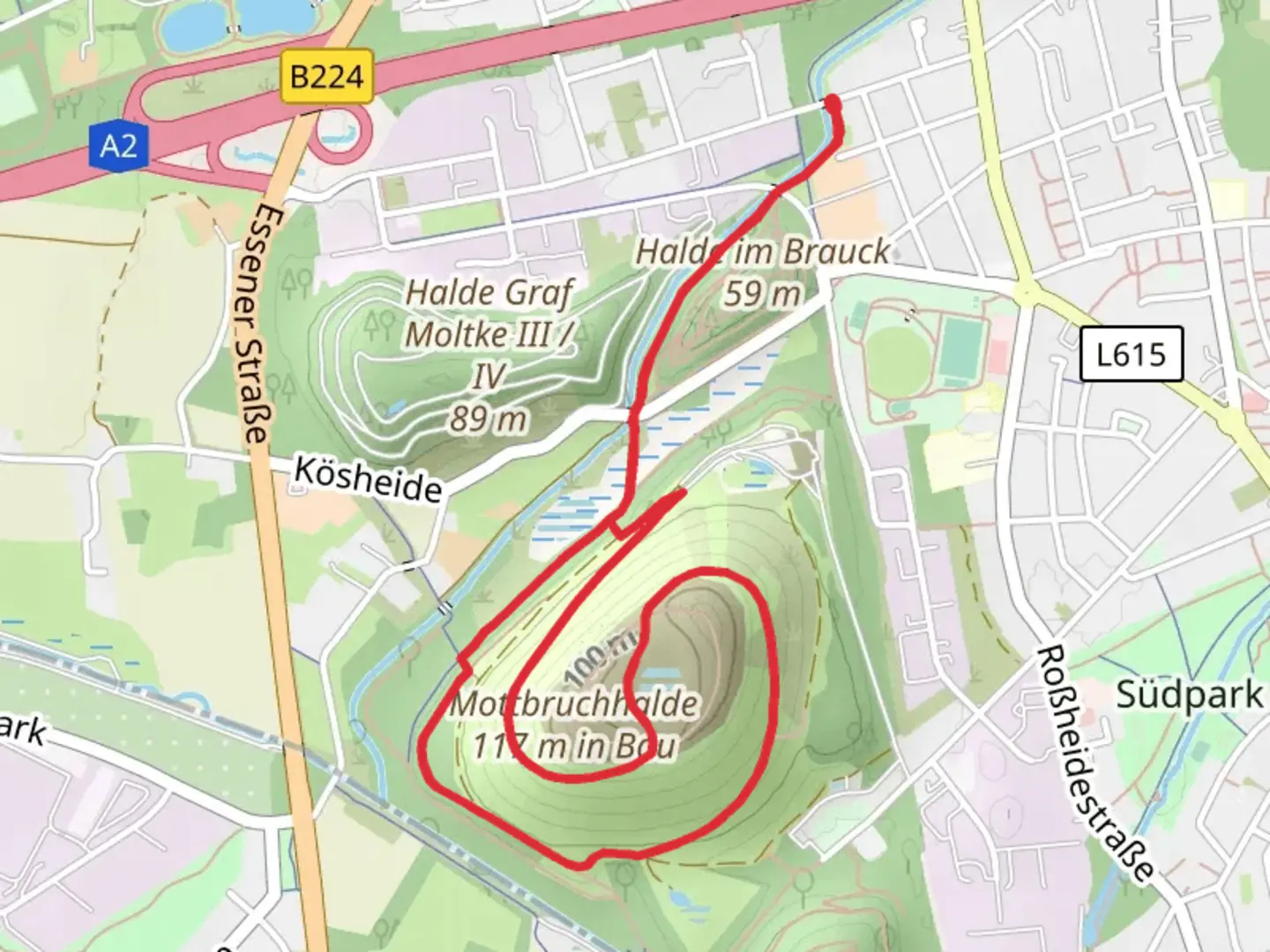 An image depicting the trail Mottbruchhalde and Mottbruch Loop and its surrounding area.