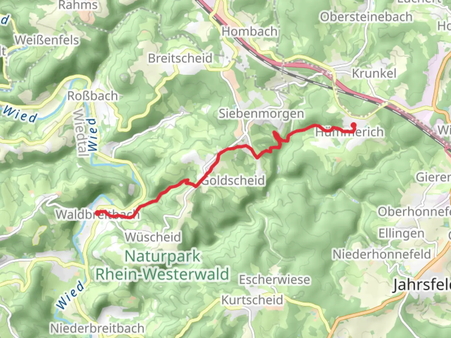 An image depicting the trail Waldbreitbach to Huemmerich via Waller Tour Baerenkopp and its surrounding area.