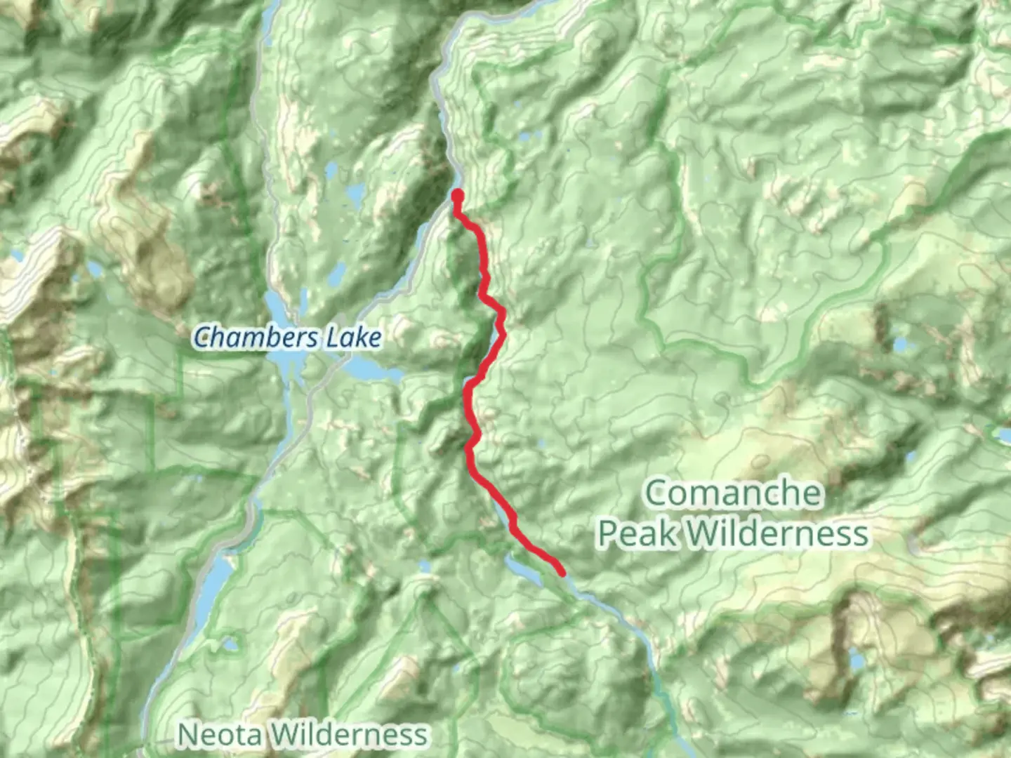 An image depicting the trail Peterson Lake via Big South Trail and its surrounding area.