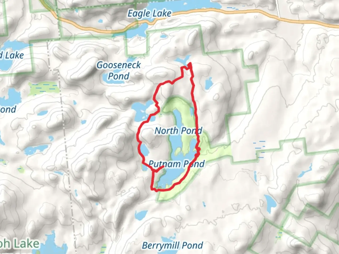 An image depicting the trail Putnam Pond, North Pond and Clear Pond Loop via Grizzle Ocean Trail and its surrounding area.