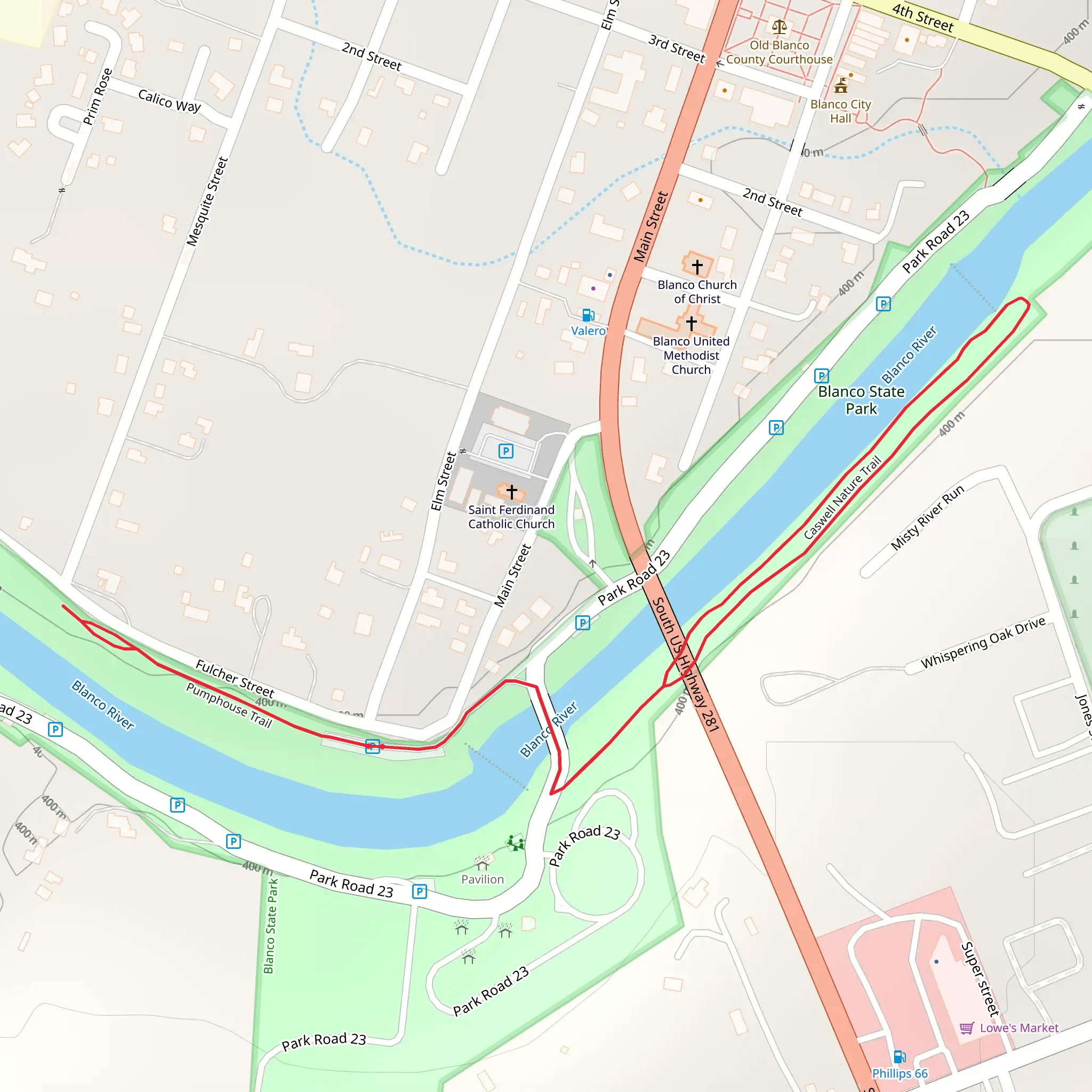 Blanco State Park via Caswell Nature Trail and Pumphouse Trail mobile static map