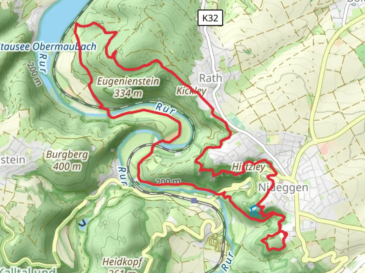 An image depicting the trail Burg Nideggen and Mausauel Loop and its surrounding area.