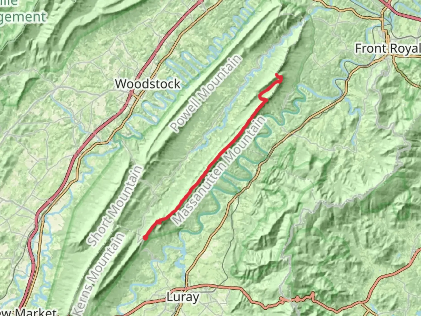 An image depicting the trail Little Crease Mountain via Massanutten Mtn Trail and its surrounding area.