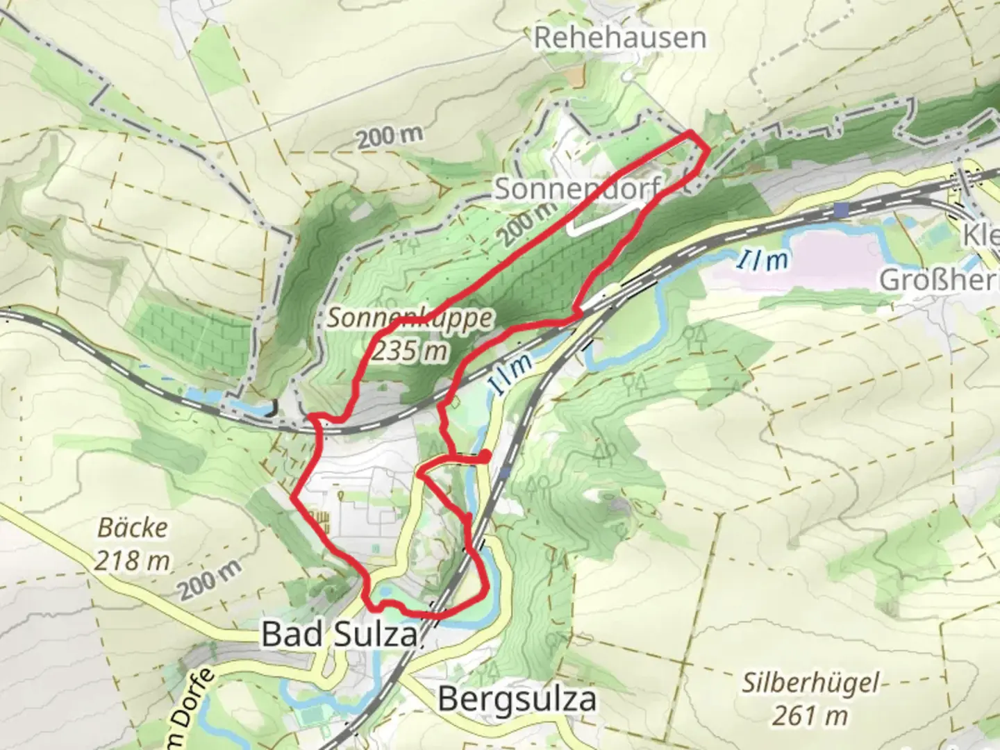 An image depicting the trail Thüringer Weintor, Schwanenteich and Kurpark via Weinwanderweg Bad Sulza and its surrounding area.