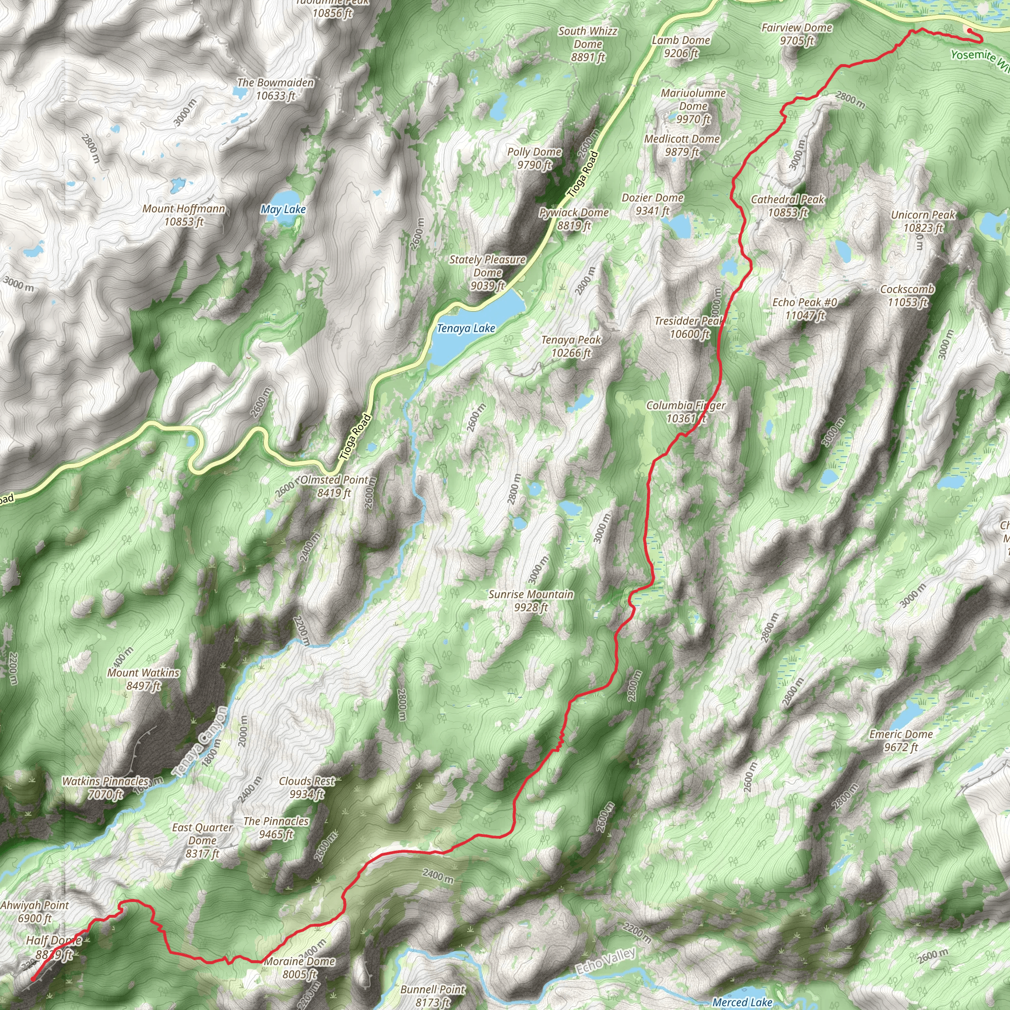 Tuolumne Meadows to Half Dome mobile static map
