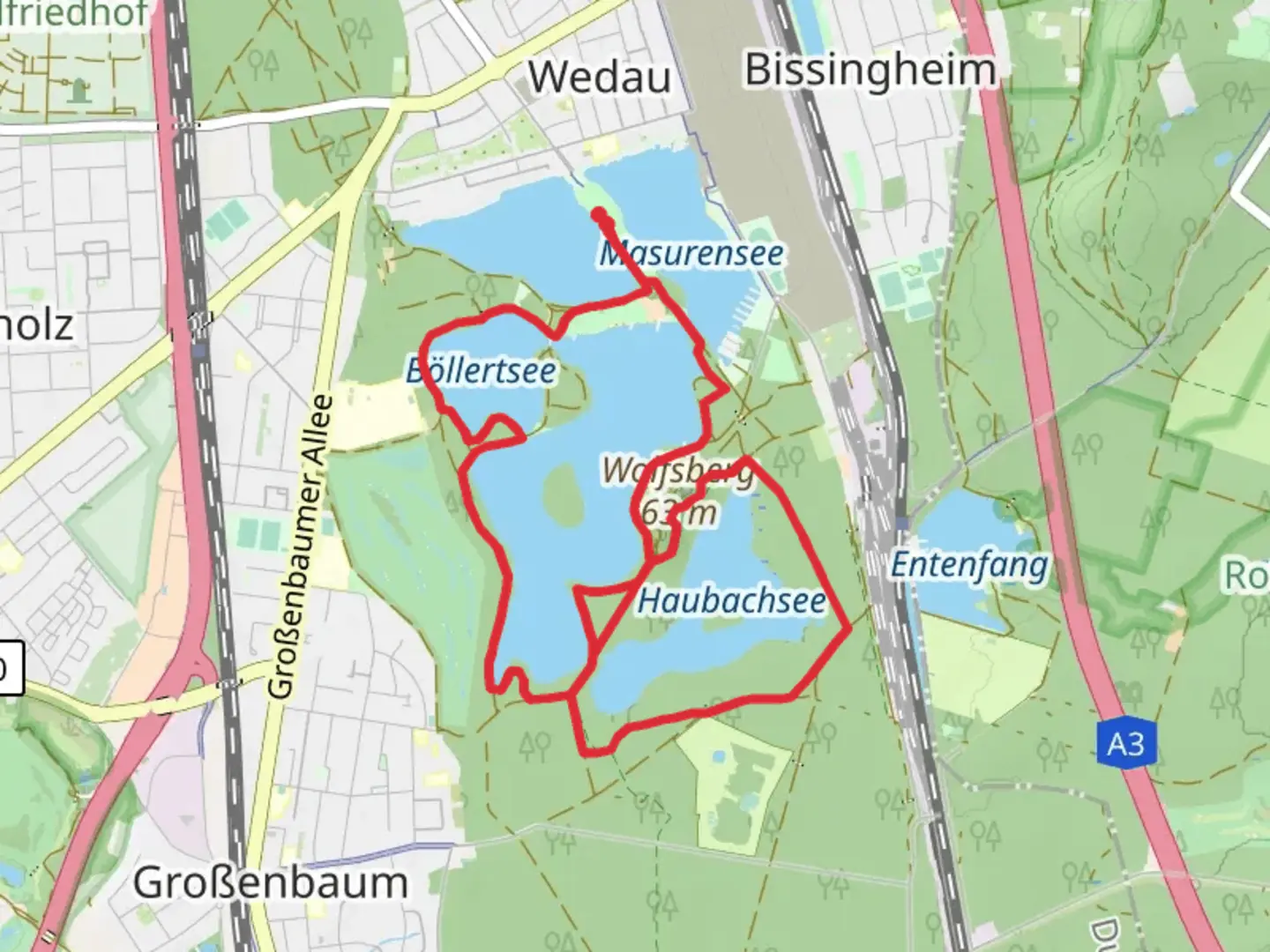 An image depicting the trail Wolfssee, Böllertsee and Haubach See Loop via Rhein Ruhr Emscherweg and its surrounding area.