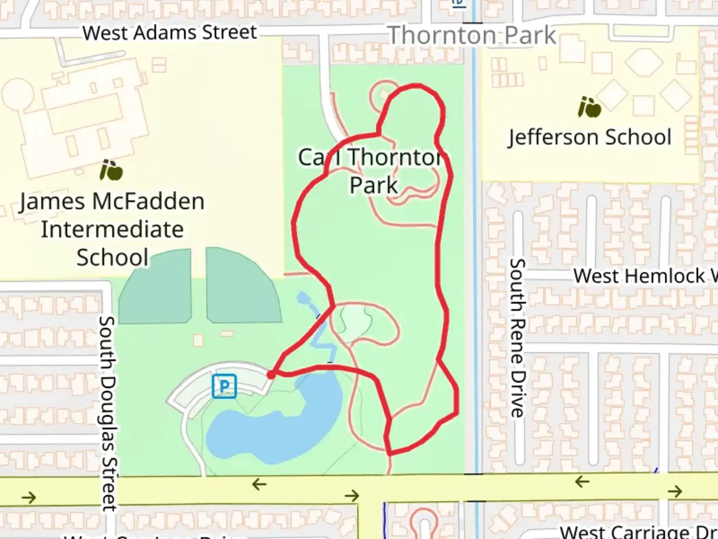 An image depicting the trail Carl Thornton Park Loop and its surrounding area.