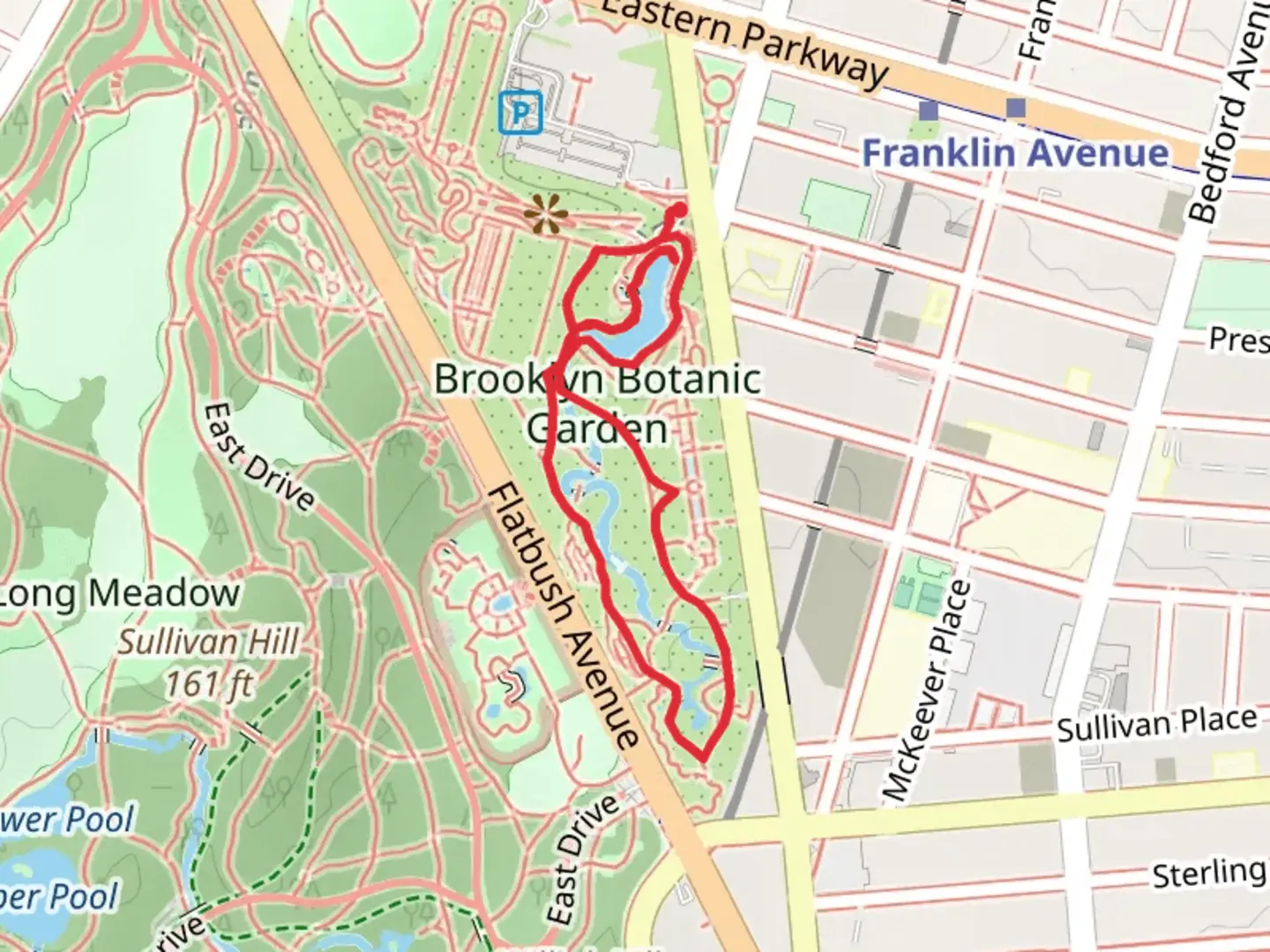 An image depicting the trail Belle's Brook and Brooklyn Botanic Garden Loop and its surrounding area.
