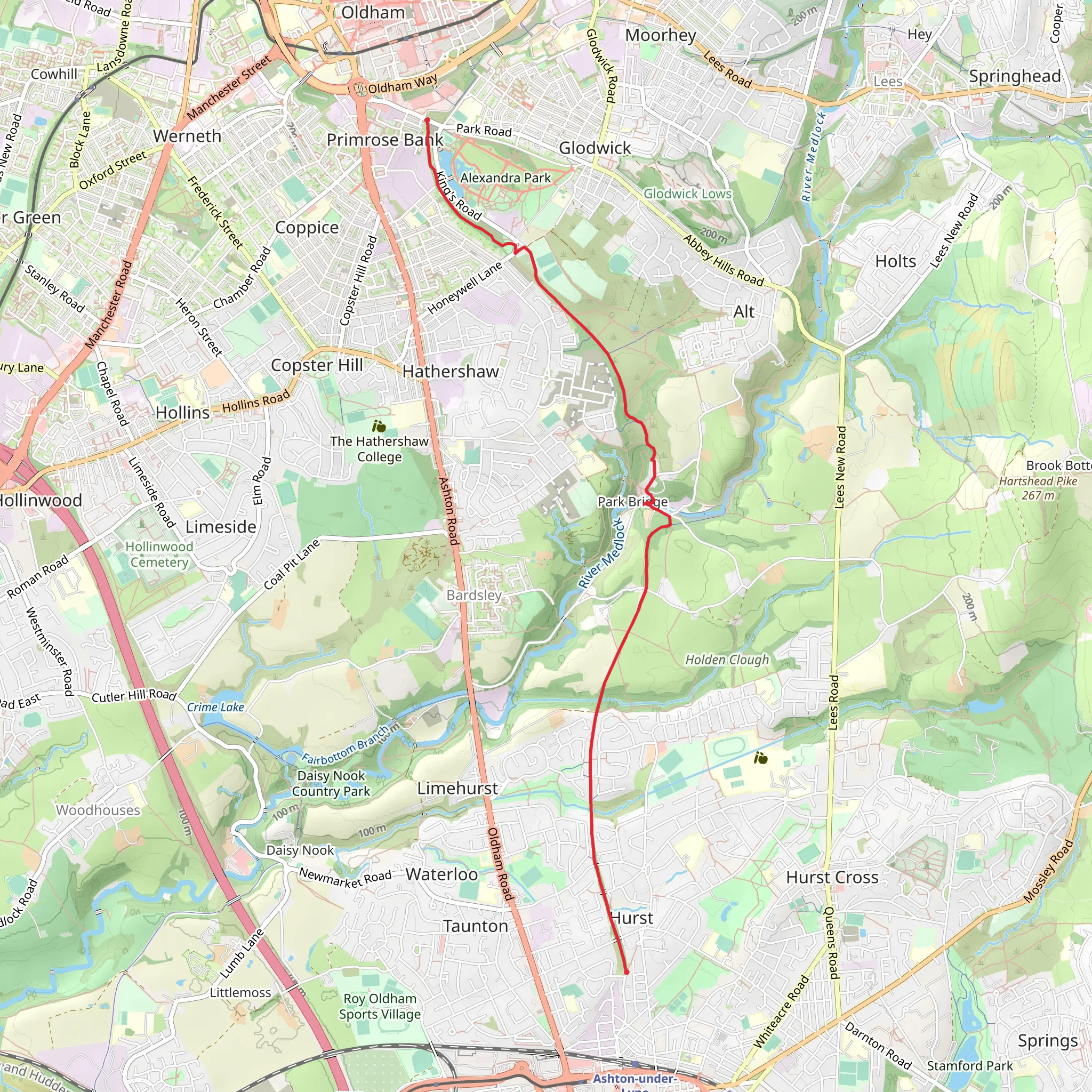 Holden Clough via Ashton to Oldham Greenway mobile static map