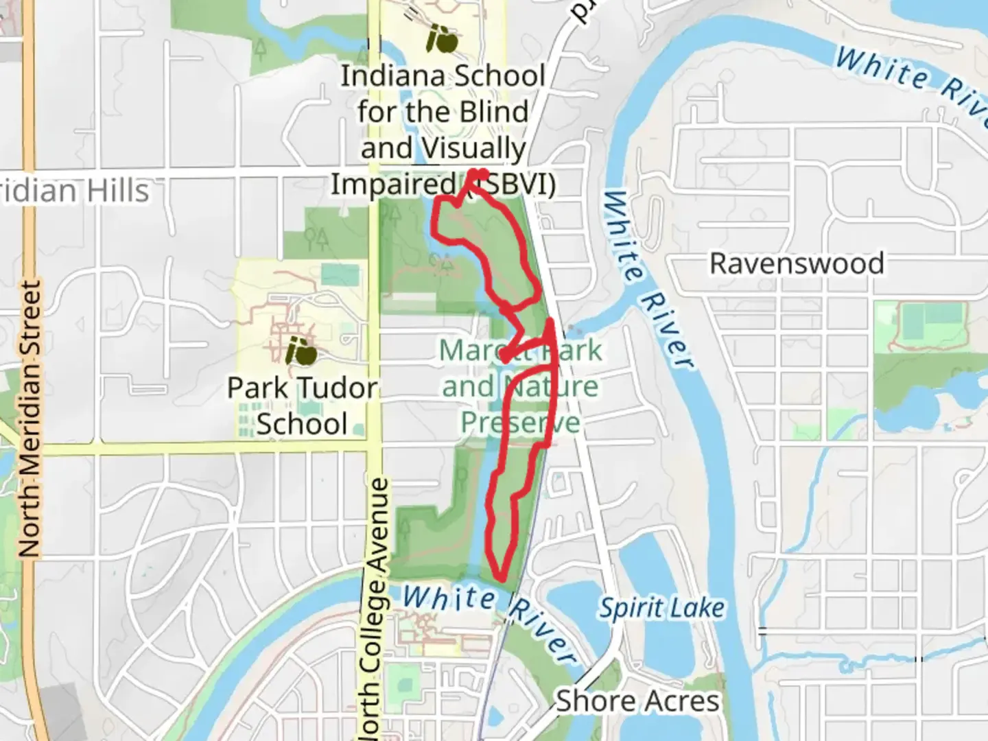 An image depicting the trail Marrot Park and Nature Preserve via Monon Trail and its surrounding area.