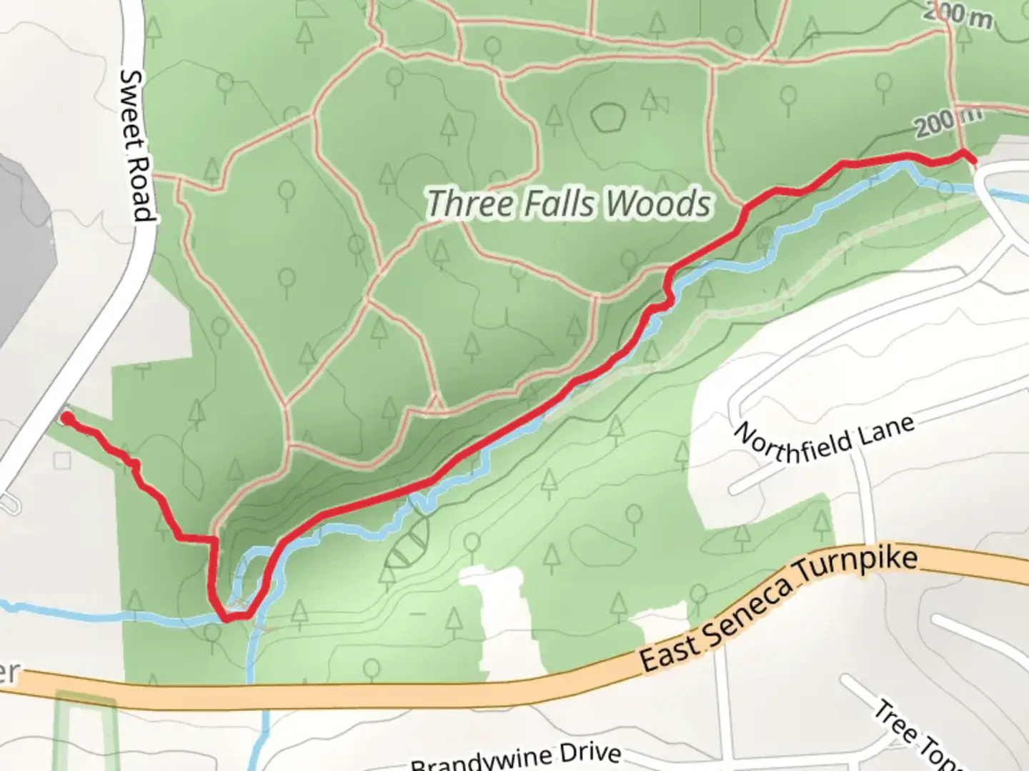 An image depicting the trail Sweet Road to Glencliffe Road Trail - Three Falls Woods and its surrounding area.
