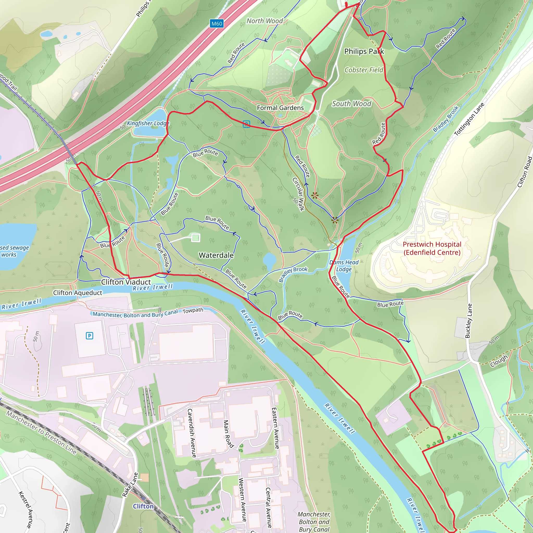 Waterdale and Phillips Park via Blue Route and Irwell Sculpture Trail mobile static map