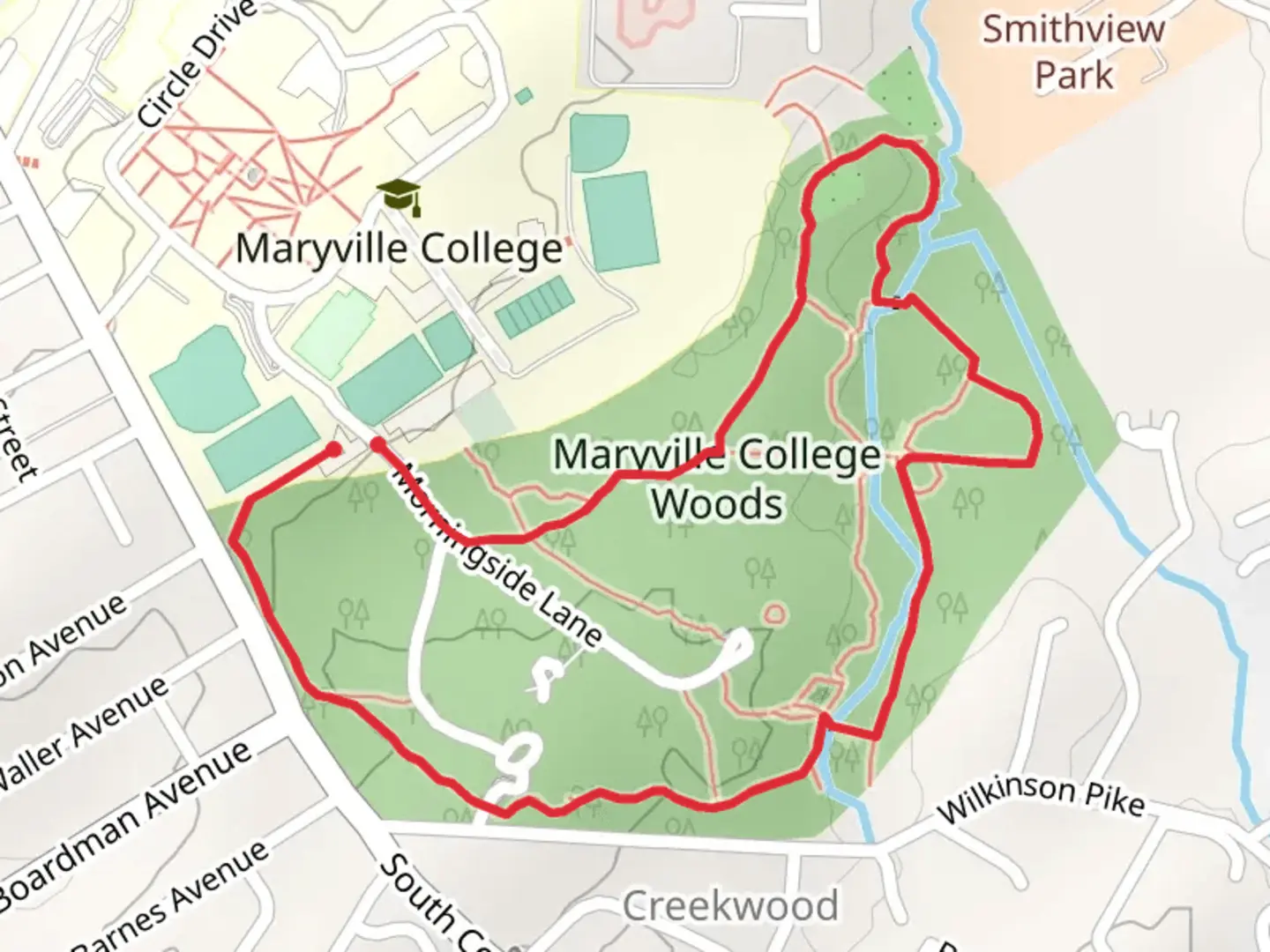 An image depicting the trail Maryville College Woods Ampetheater Loop Trail and its surrounding area.