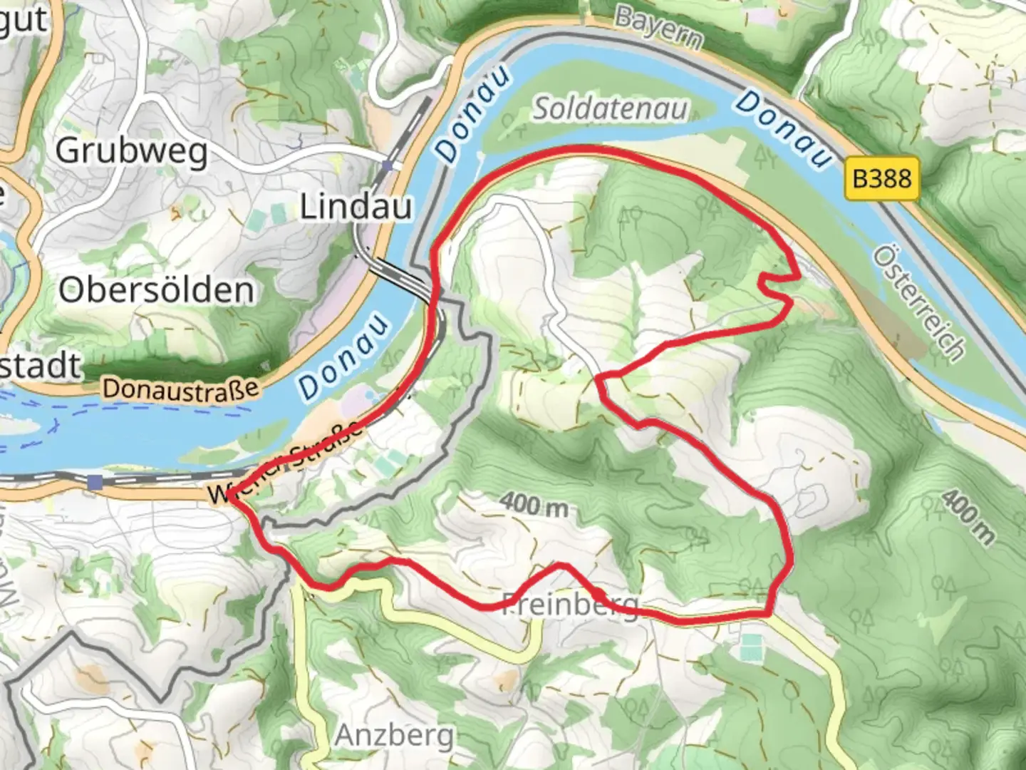An image depicting the trail Freinberg-Achleiten-Innstadt Loop Path and its surrounding area.