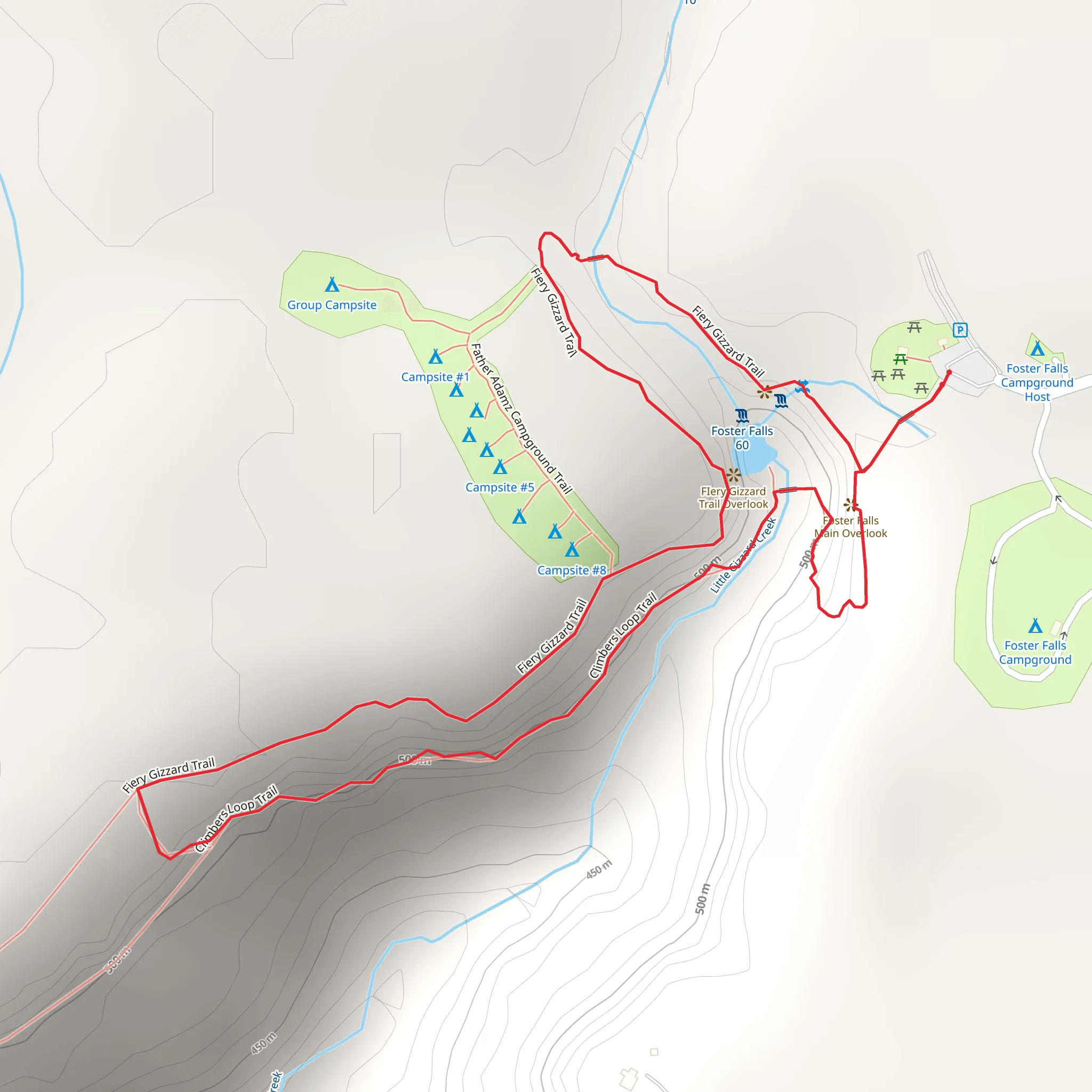 Foster Falls Overlook Trail and Fiery Gizzard Trail mobile static map