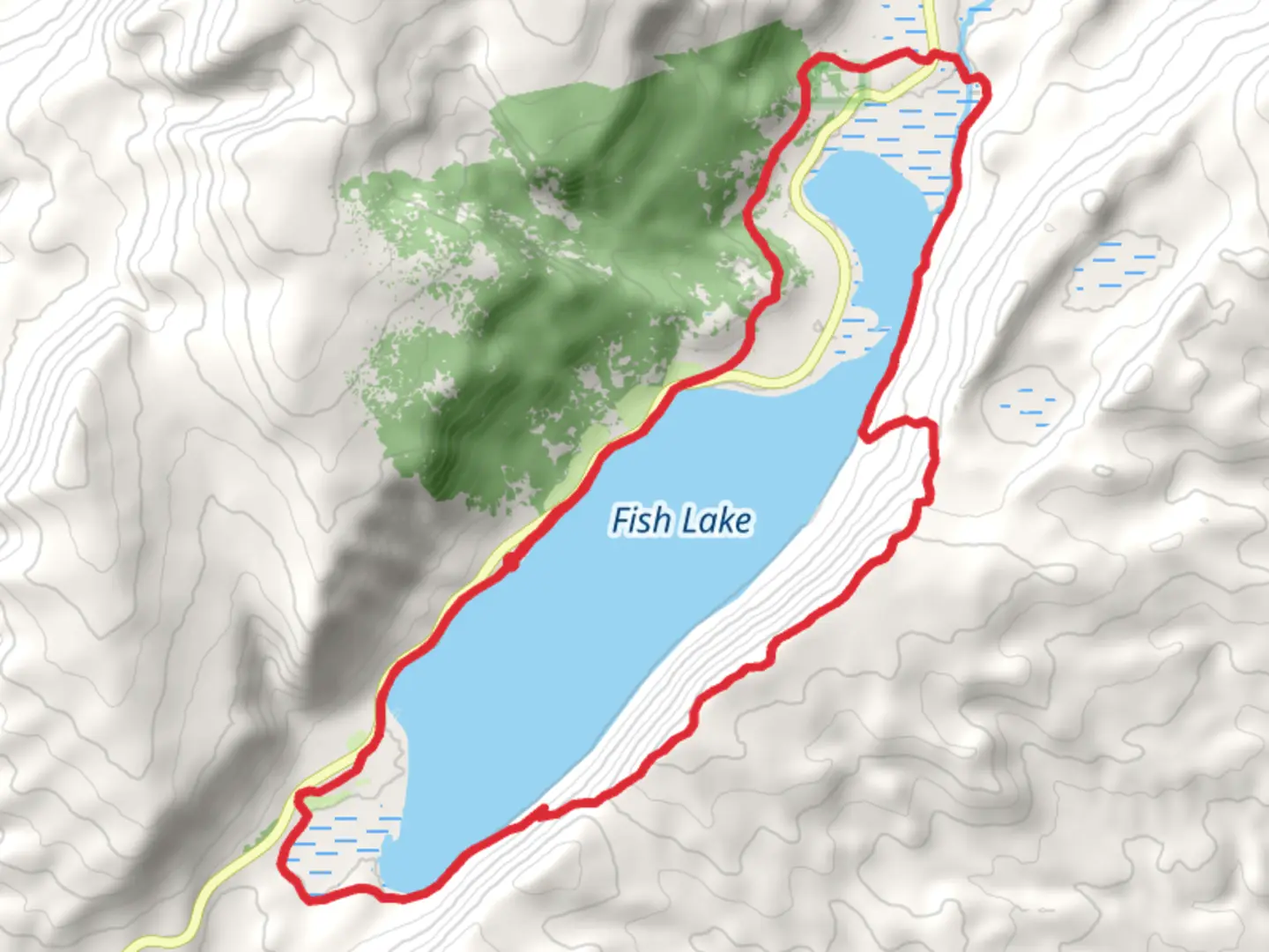 An image depicting the trail Fish Lake Loop and its surrounding area.