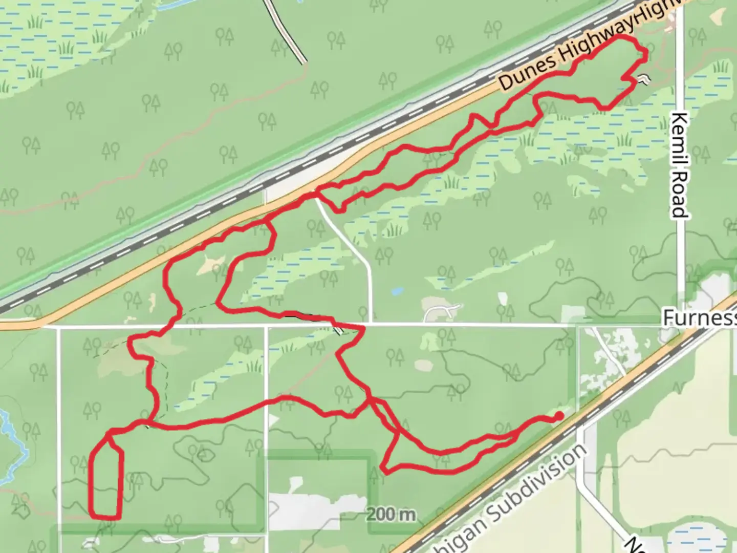 An image depicting the trail Glenwood Dunes Loop Trail and its surrounding area.