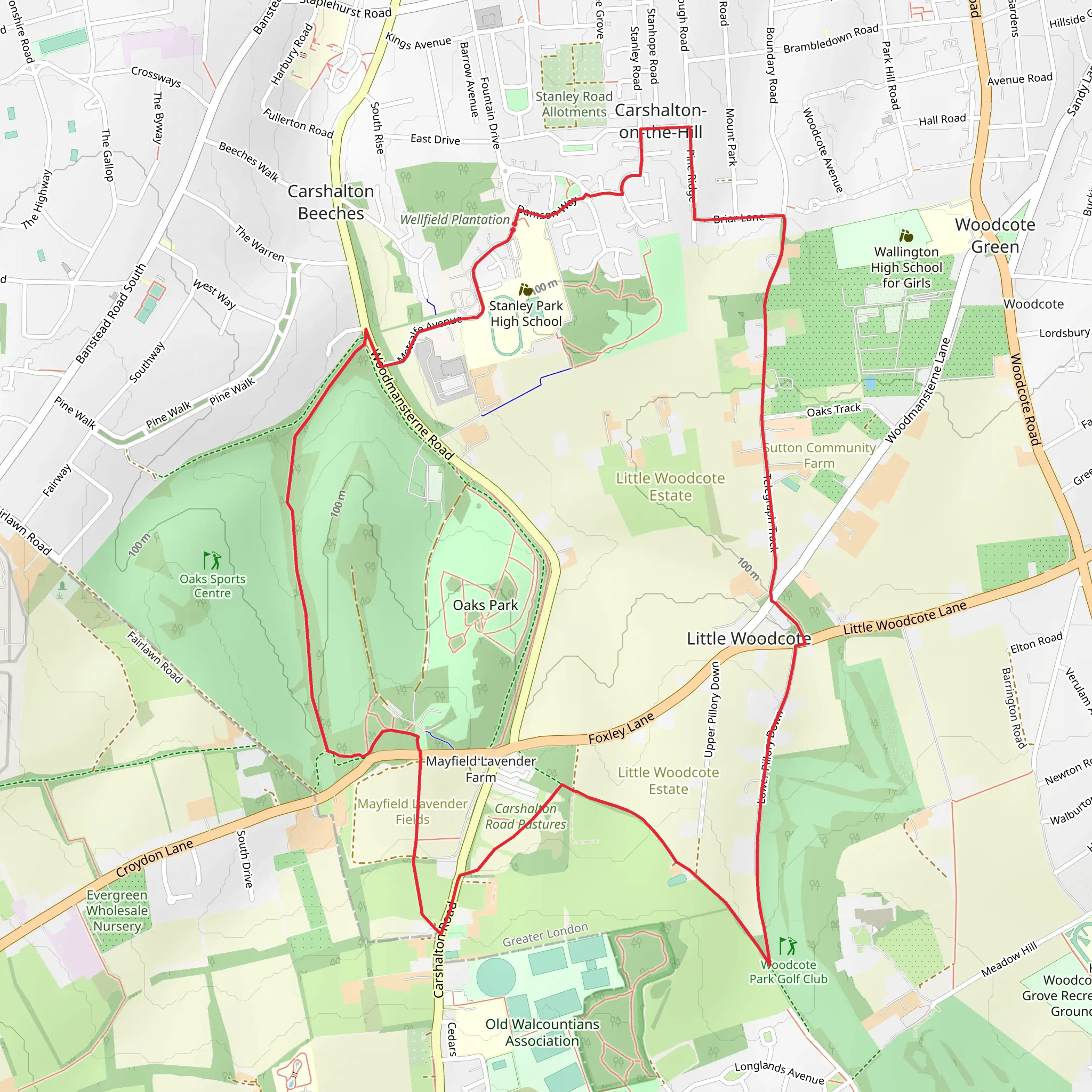 Oaks Park and Little Woodcote Estate Loop mobile static map