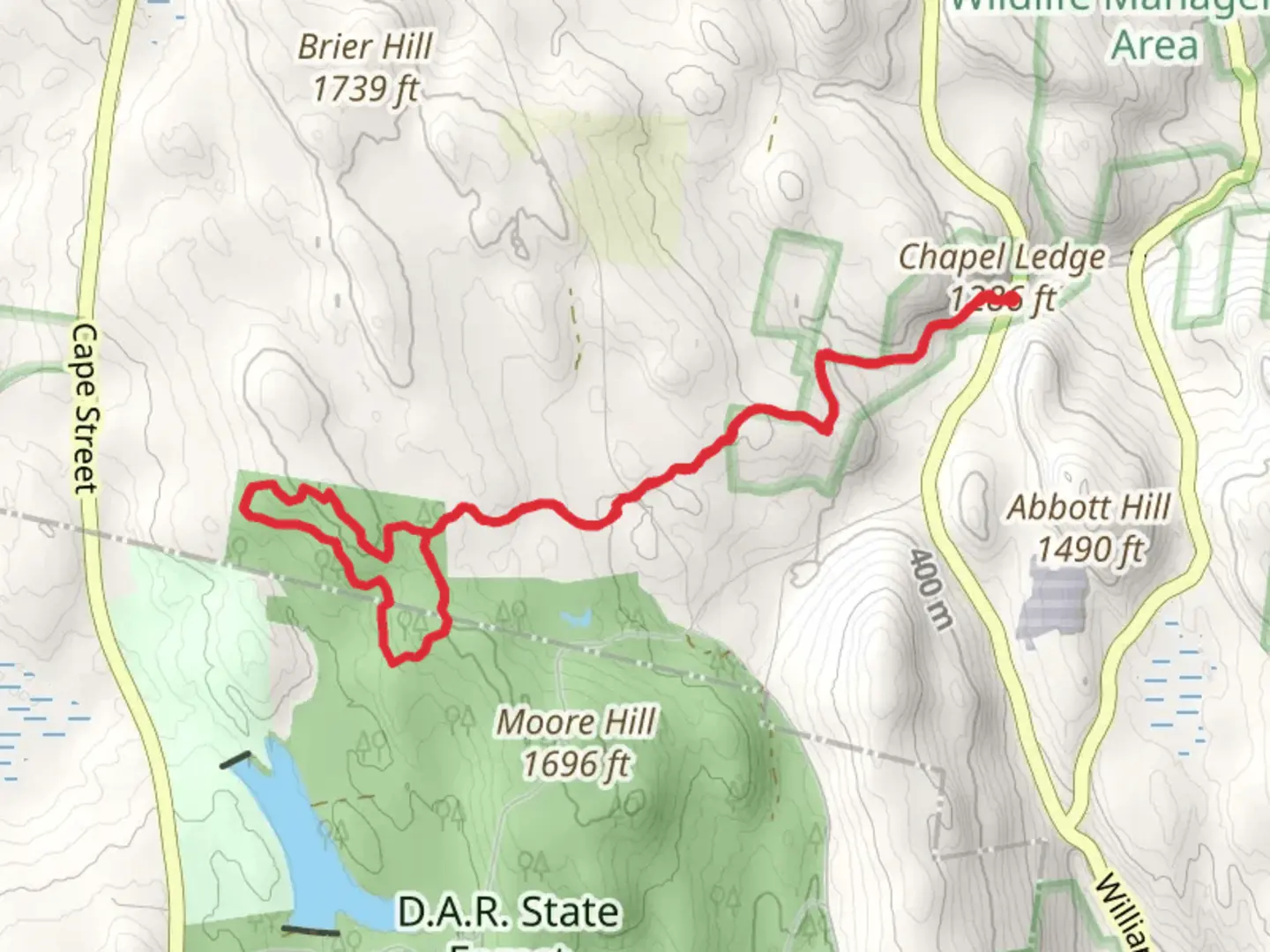 An image depicting the trail Moose Run Loop from Chapel Ledge Trail and its surrounding area.