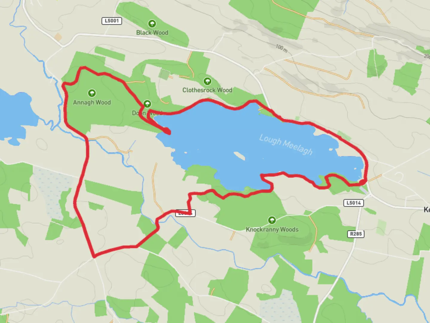 An image depicting the trail Lough Meelagh Loop and its surrounding area.