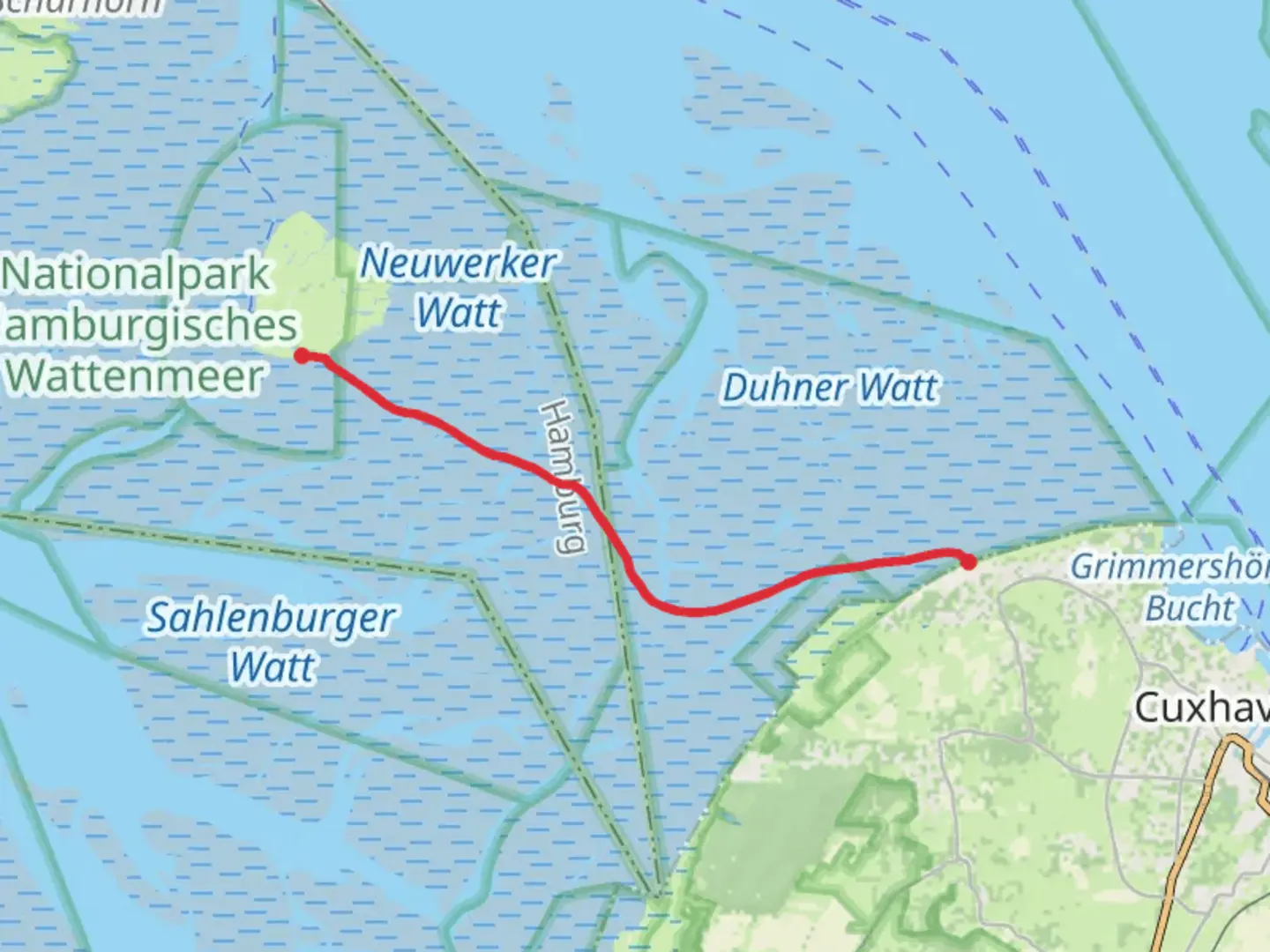 An image depicting the trail Wattwanderweg Duhnen - Neuwerk Walk and its surrounding area.