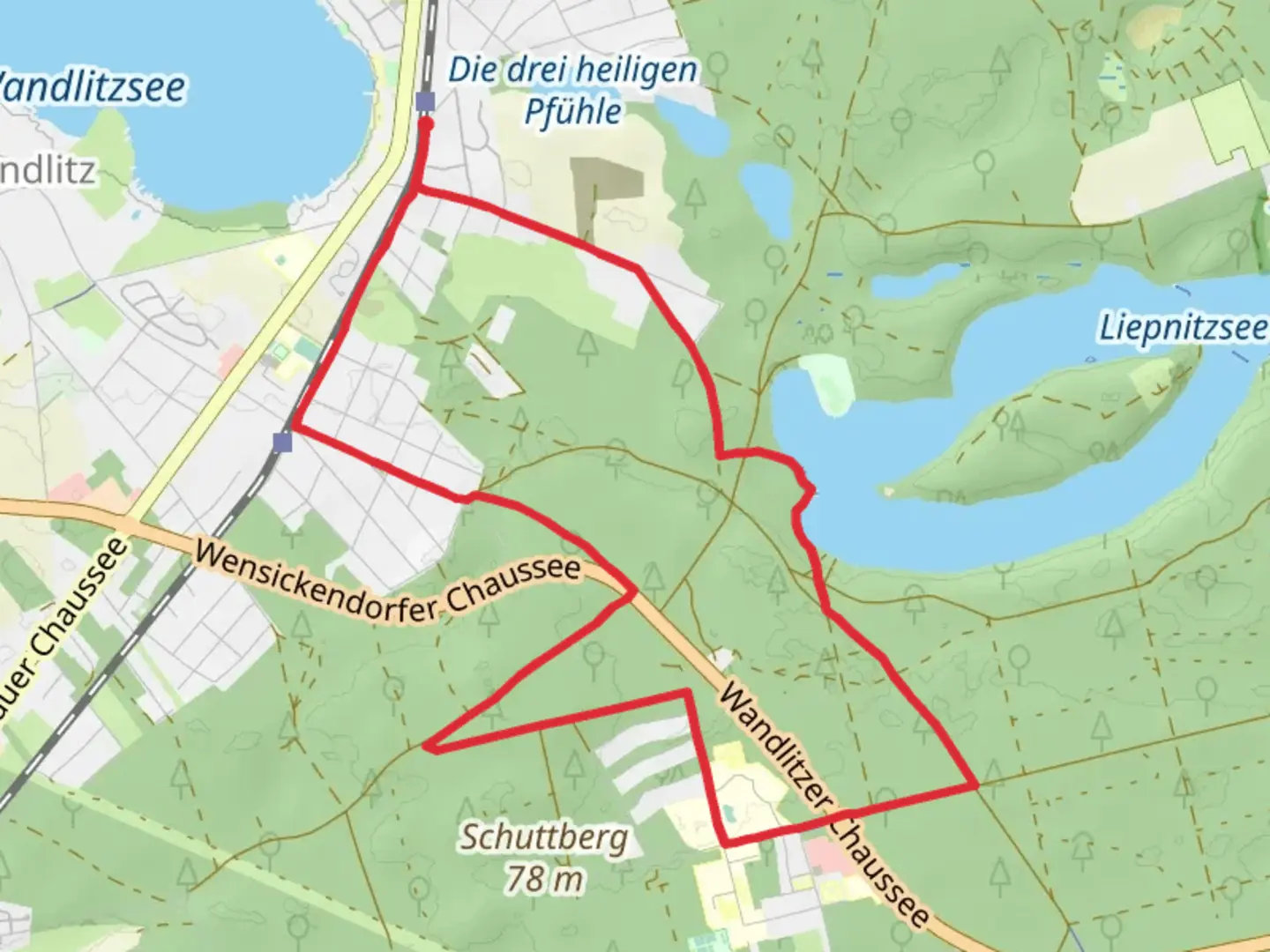An image depicting the trail Kehlheide and Forsthaus Liepnitz Loop and its surrounding area.