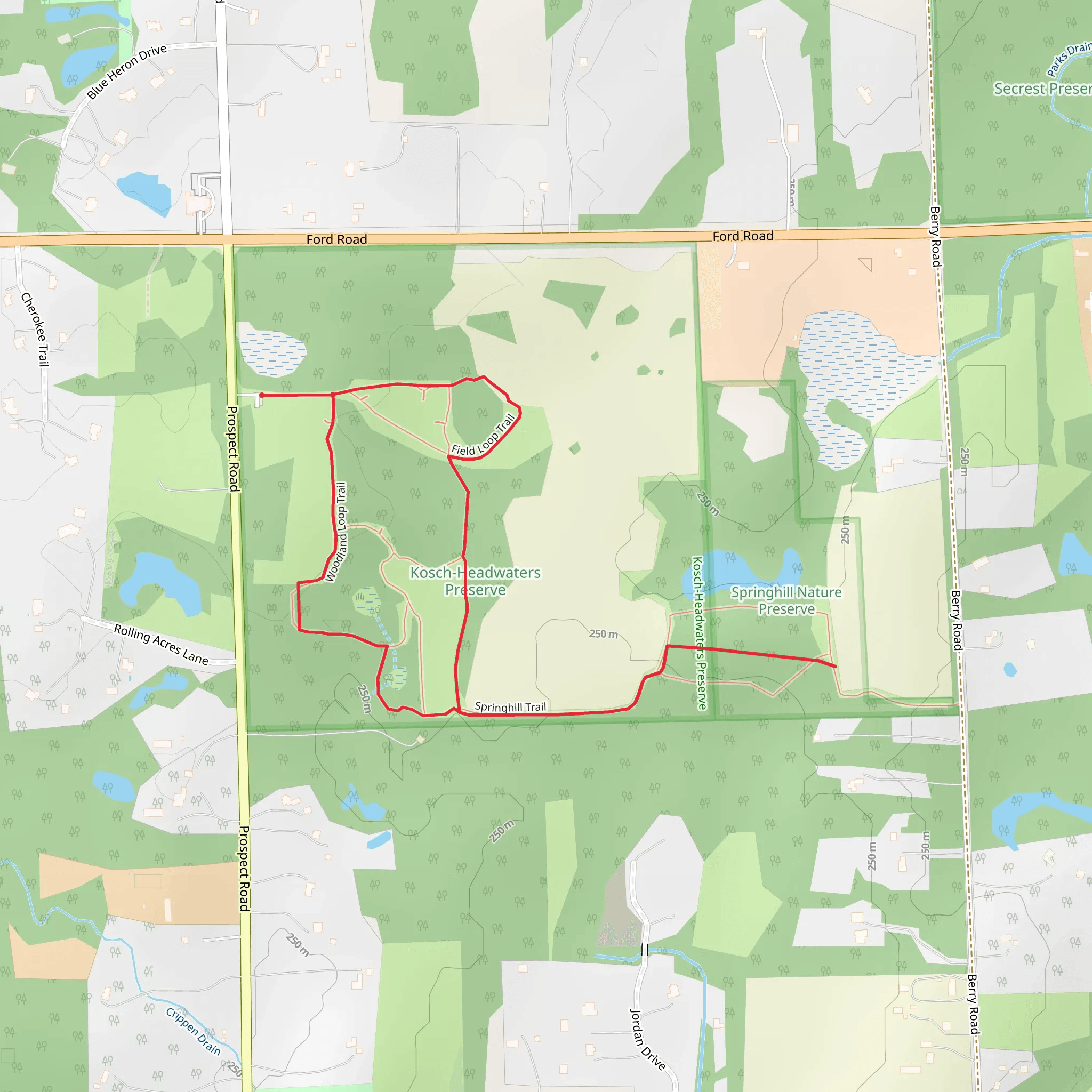 Woodland Trail, Springhill Trail and Field Loop Trail mobile static map