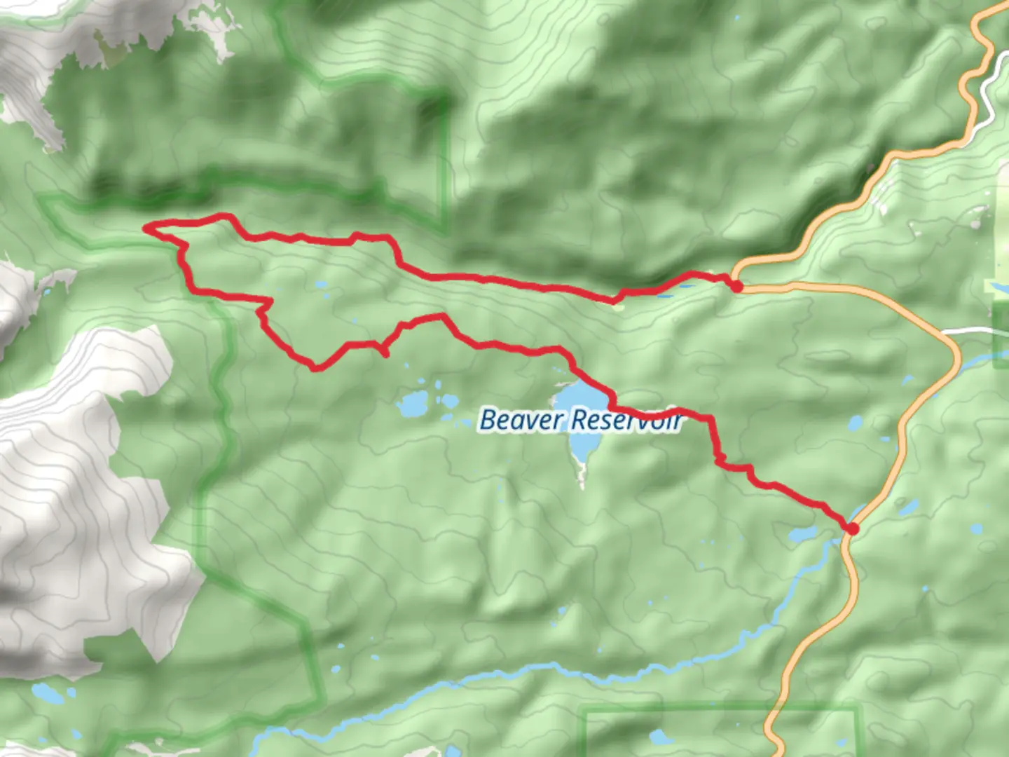 An image depicting the trail Middle St Vrain Creek, Coney Creek Road and Beaver Reservoir and its surrounding area.
