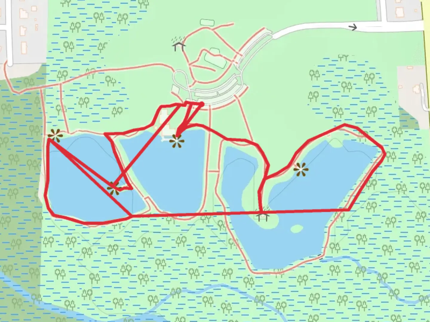 An image depicting the trail Three Lakes Park Loop and its surrounding area.