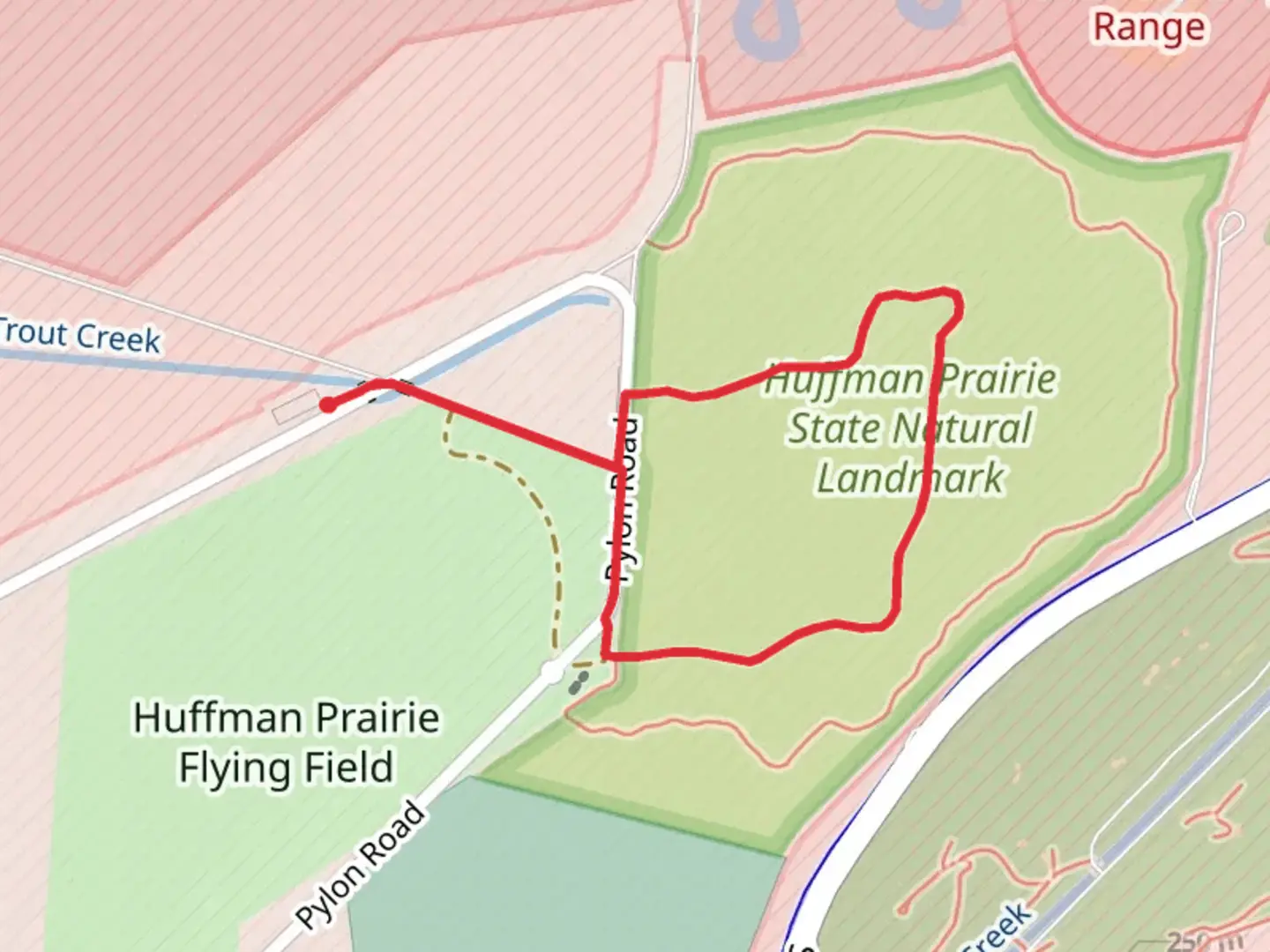 An image depicting the trail Huffman Prairie State Natural Landmark Loop and its surrounding area.