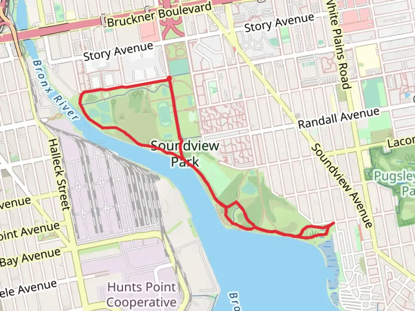An image depicting the trail Hector Aponte Field Loop via Bronx River and its surrounding area.