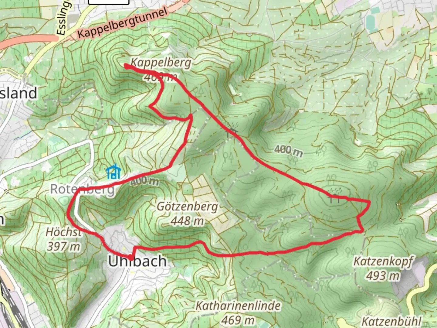 An image depicting the trail Stettener Weg and Kaiserstraße Loop and its surrounding area.