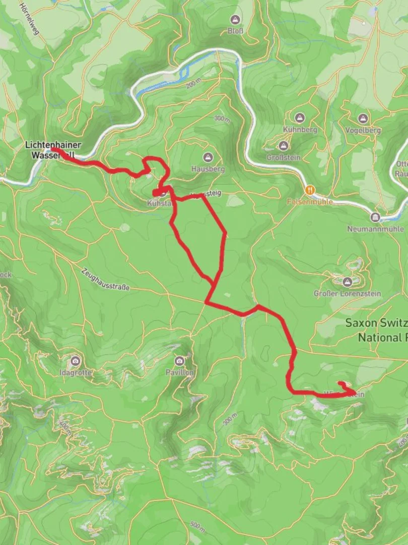 An image depicting the trail Neuer Wildenstein and Hinteres Raubschloss Loop and its surrounding area.