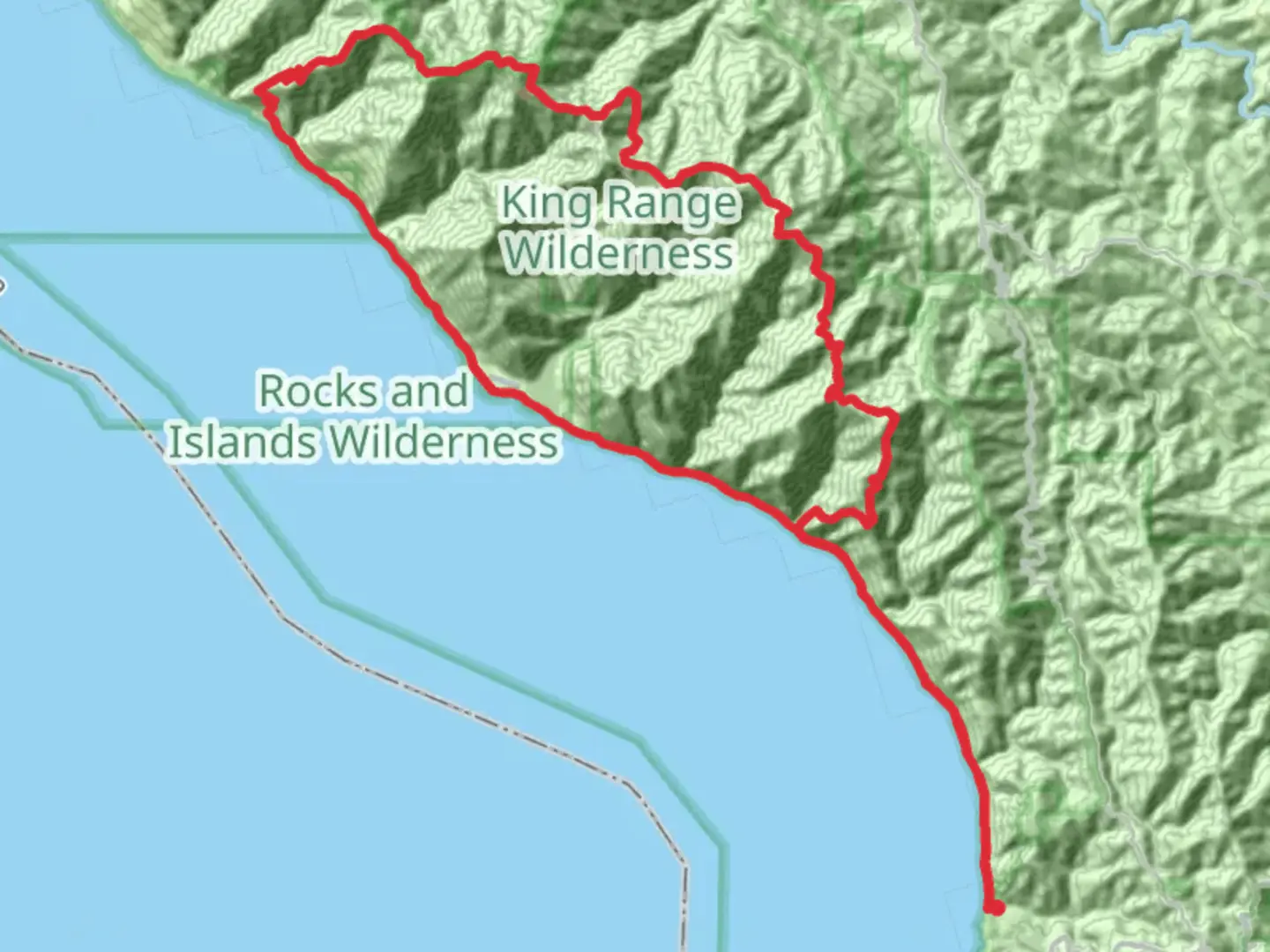 An image depicting the trail King Peak via King Crest Trail and Lost Coast Trail and its surrounding area.