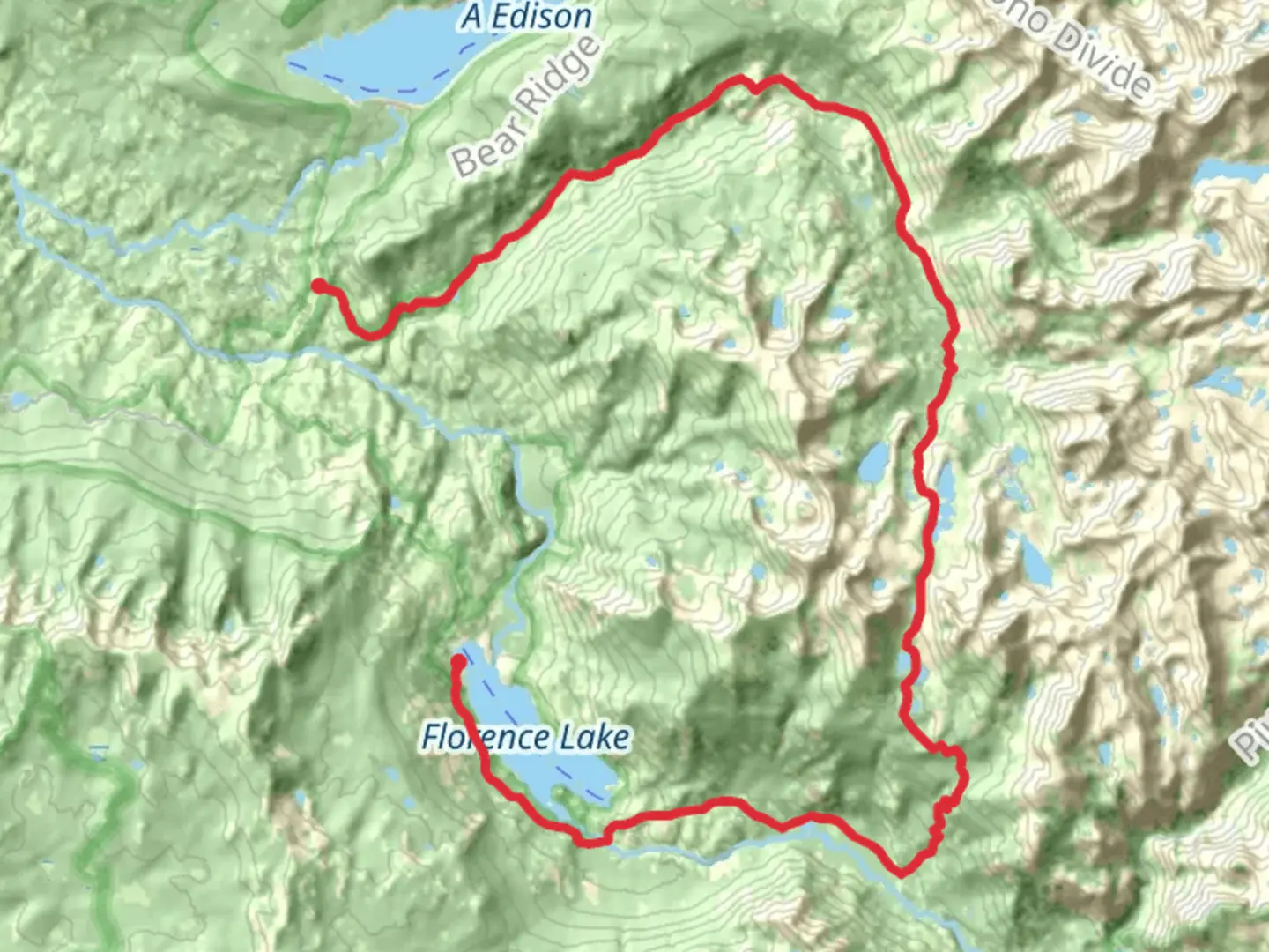 An image depicting the trail Bear Creek, Marie Lake and Florence Lake Trail and its surrounding area.